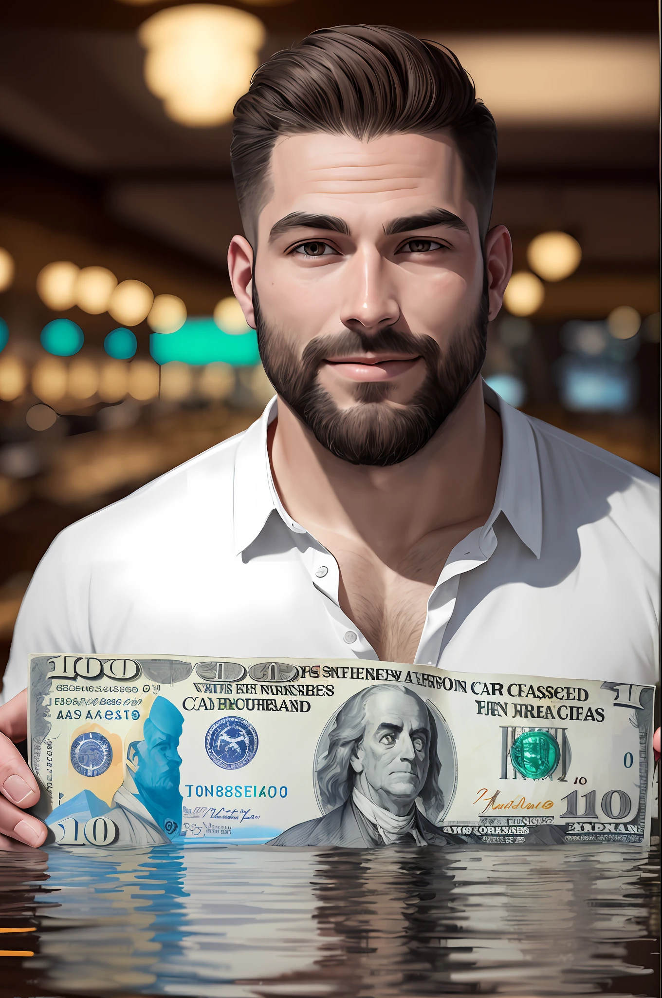 Foto extremamente detalhada realista de um lindo e jovem homem de 36 anos brasileiro gordinho barbudo sorridente em um lindo terno, surrounded by a flood of very detailed, very realistic dollar bills, carros de luxo, Notas Reais, joias caras, Epic composition, Las Vegas, 4k, 8k, 16k, 32k