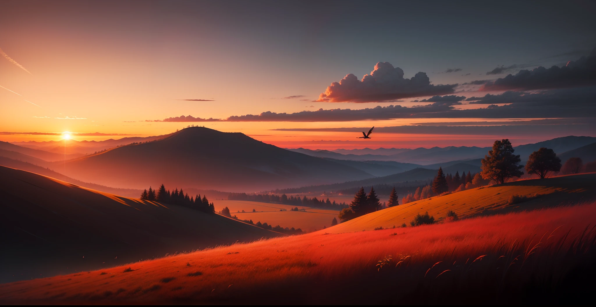 The twilight of the apocalypse,Dark red sky,The bird,grass field,hilly,suns