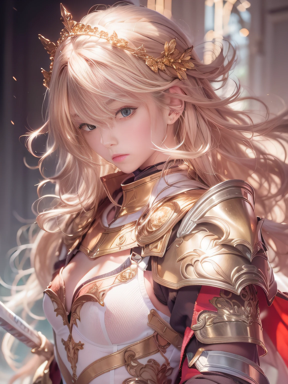 Highly detailed background，Realistic，ultra-detailliert，super detailed skin，Detailed beautiful face and eyes，retinas, masutepiece, ccurate, Anatomically correct, Textured skin, Super Detail, high details, High quality, awardwinning, Best Quality, hight resolution, 8K,Mysterious woman in white and red costume holds two-handed sword, Exiled Princess Knight, knights of zodiac girl,Pallas Athena,Royal Night，a blond，(Glowing blue eyes)，(((Less revealing costumes)))，smooth hair，detailed hairs，Very fine hairs,((small tits)),Thin leg, Wearing underwear，angelic golden armor, gilded shiny armour, Gorgeous red, White and gold armor, heavy white and golden armor, ((Intricate red and white and gold armor)), Shimmering red and copper armor, wearing shining armor, gold armour, Vengeance Princess Knight, golden armour, Great studded lights、Delicate and beautiful colors、Have an emotional atmosphere、Transparent background、Have a fantastic and charming atmosphere，light glow，Film grain，Expro II，Lens Flare，Sharpen，cinematic shadow、There is a knight behind，Cool color makeup，Lowered eyebrows、Ephemeral Girl，A look tinged with joy