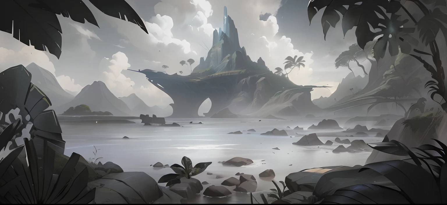 a colourful drawing of a jungle with a river and mountains, stylized concept art, painted as a game concept art, background art, concept art. epic landscape, island background, concept art scene, rocky environment, concept art for a video game, environment design illustration, environment concept art, concept art!, scenery game concept art, concept art sketch, background artwork, cute cartoony style.