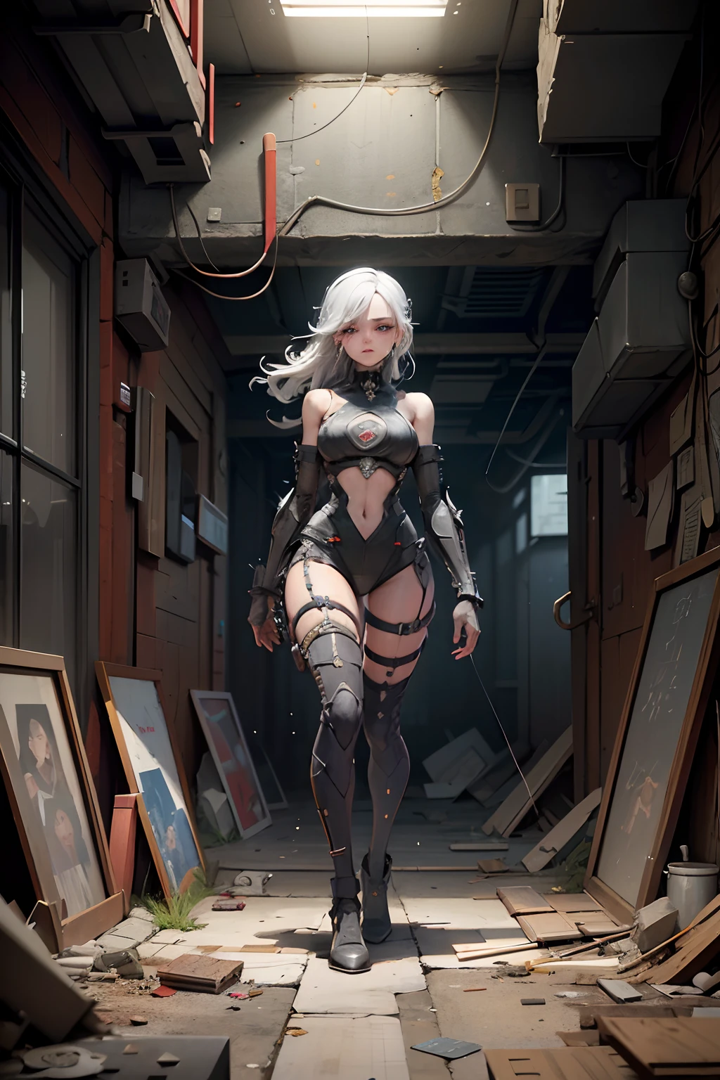 Dark, Horror, Experiment, Factory, Spark, (Anatomy: 1.3) (Damage: 1.2) (Machine: 1.1) (Perfect, full-boobed, female) with gray hair and beautiful, delicate red eyes looking at the audience. He has one (Heart: 1.1) and one (Dirty Face: 1.2), bare wires and pipes, power hydraulic lines, damage and short circuits of internal mechanical parts, severe damage, demolition, natural light, ray tracing, complex circuits, illustrations, 8 wallpapers, ultra-detailed, full-body portrait, best photos, wrong images, wrong ways, intricate details of the highest quality, absurdity