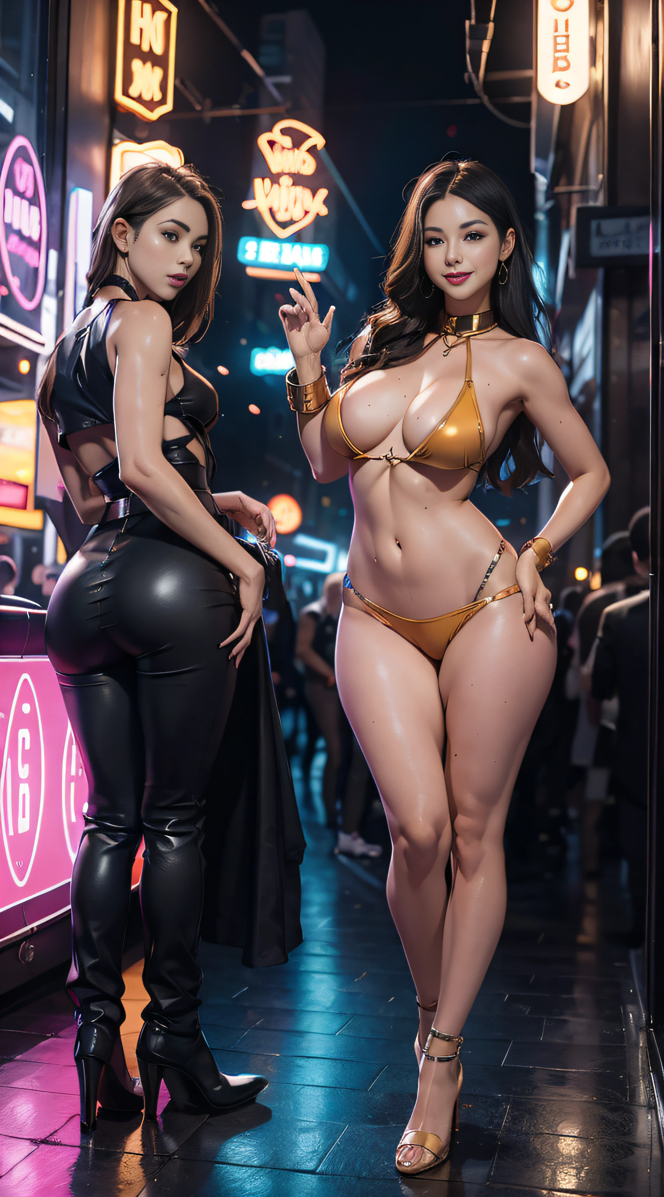 1girl, full length, standing, multiple boys around, platform heels, nude, nightclub, strip club, neon, handcuffs, collar away, cute smile, Large braests, narrow waist, wide butt, masterpiece, top quality,
