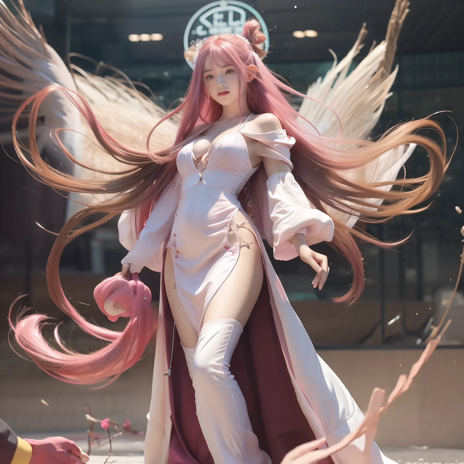 1 girl,two hand,realistic,pink hair,white dress.