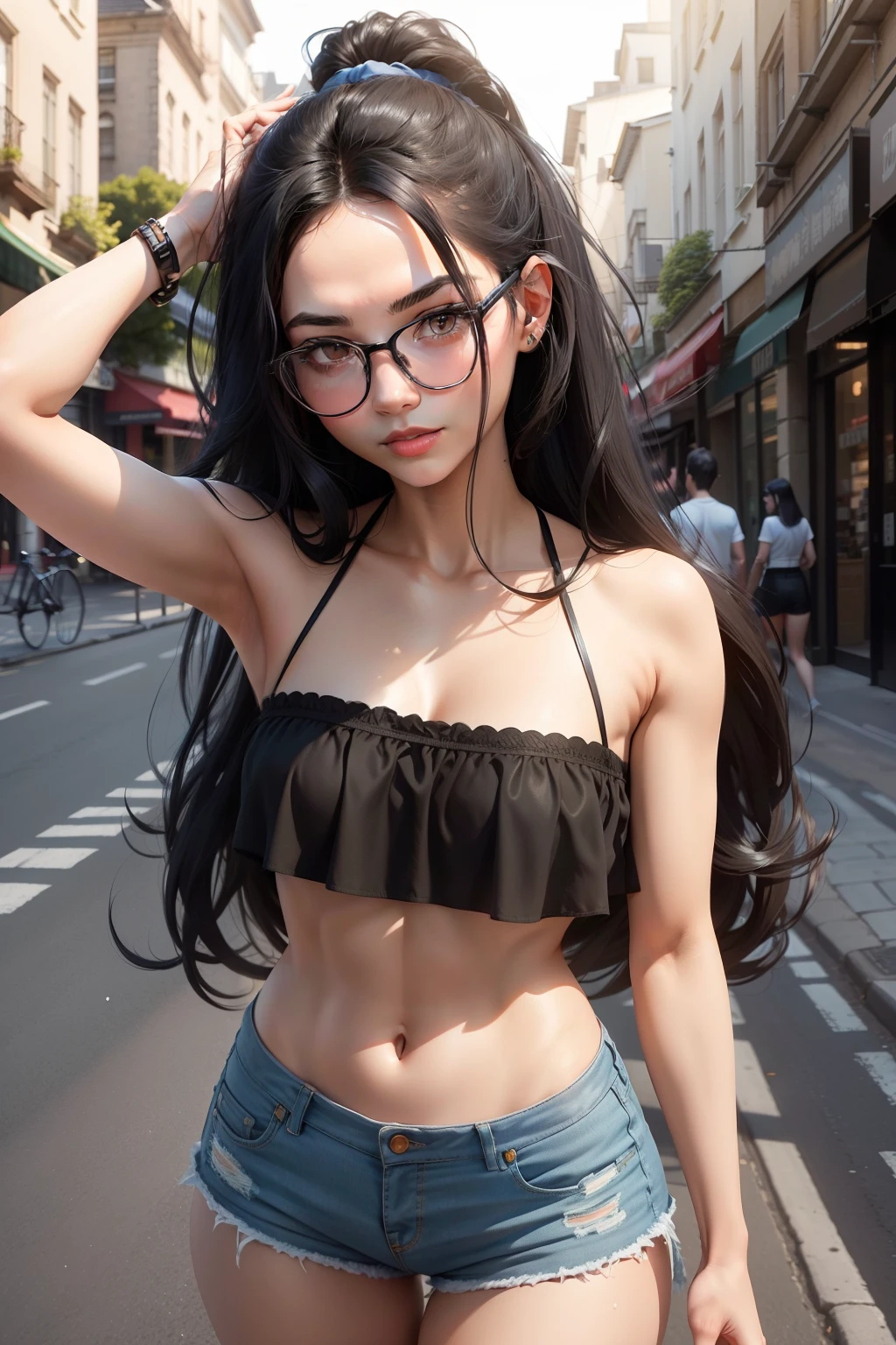 1womanl, The figure is good,Long black hair with a ponytail. Glasses, Gentle black eyes, Wear a white bandeau,Blue super shorts, Reach out to you.The sun is shining ,the street.