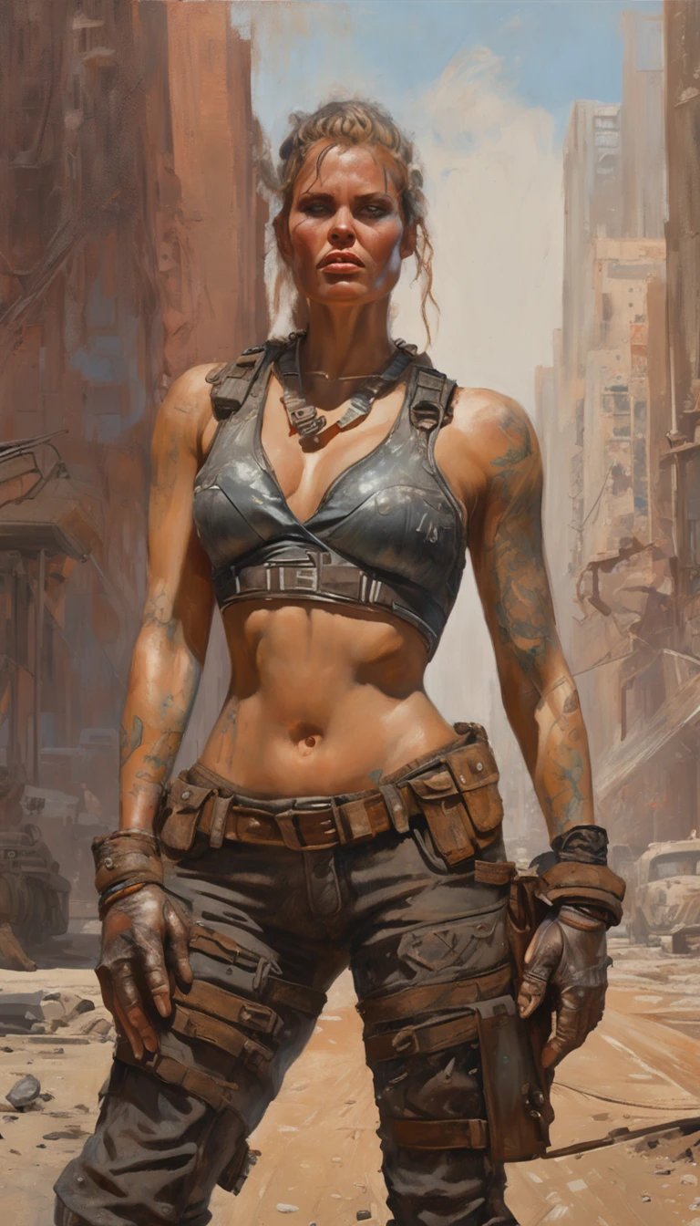 un zoom, full body, cinnannoe, hyper realistic, view angle from the sky, ultra detailed full body shot of woman in dieselpunk solar postapocalyptic City scape, Ultra perfectly detailed rusty car Mad Max tunning style , around road sakura trees, dieselpunk theme, look in Mad Max style, necklace, high-dieselpunk vibes, head to toe image, depth of field, hyper detailed gorgeous face, natural body posture, trending on Artstation, 64k, ultra detailed, ultra accurate detailed, surrealism, ultra unreal engine, epic, freckles, stomach, legs, feets