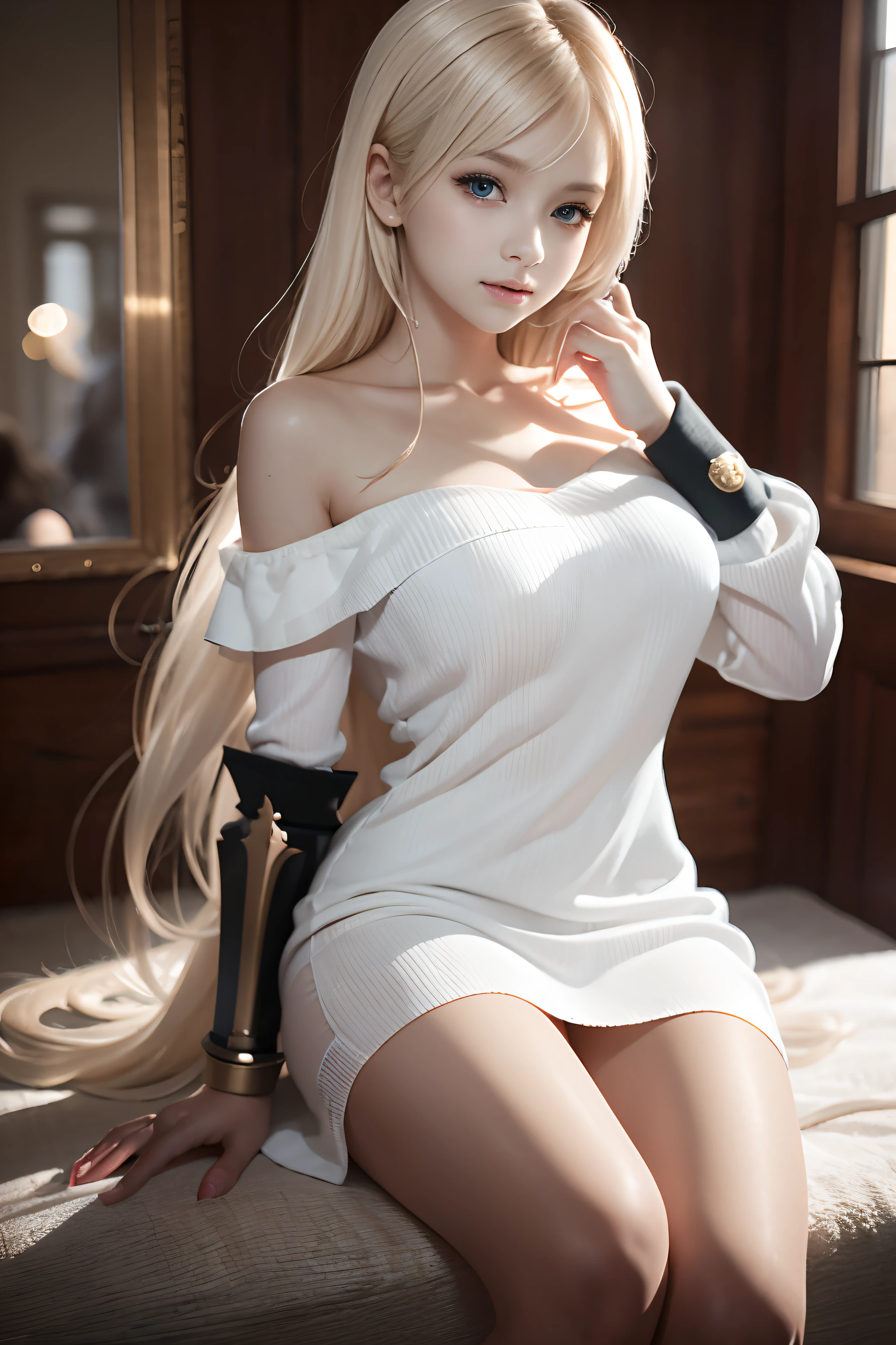 bright look、young shiny glossy white shiny skin、Best Look Rondo Reflective Light、Platinum blonde hair with dazzling highlights、shiny bright hair,、super long straight hair、Shining beautiful bangs、輝くクリスタルクリアな魅力的な大きな青いeye、She is a very beautiful and lovely girl,美しく細かいeye, beautifully detailed nose,(( whole body:1.5)),eyeが強調するメイク、royal style,comic style, , Scattered under the water, gorgeous details, nature background, ((cinematic)), dramatic lighting, table top、((Off-the-shoulder sheer white dress、Mini skirt type:1.4))、(Loose and fluffy perm:1.4)、1 girl、Ultra-realistic 8k CG, 絵に描いたようなperfectionな顔, perfection, clean, table top, professional artwork, famous works, perfectionな顔, beautiful face, 美しいeye, ((perfectionな女性の体)), alone,(An immersive atmosphere, chiaroscuro:1.5,bright light:1.2,bright lighting),(blush:0.5),attractive appearance,very detailed_eye,big,Beautiful and detailed background,Depth of written boundary,realistic:1.3, long shot, whole body,、((nipple))、(腫れぼったいeye:1.2)、 (slim legs),(Light hits your face and chest)、((underboob))、lower chest、oily skin、skinny、 (the underside of the chest is slightly visible),(eyeに見えるunderboob、I can see your belly button and ribs)、Hip bones and lower abdomen are visible、(Flared skirt in navy blue)、(lift the skirt),((I can see white pants))