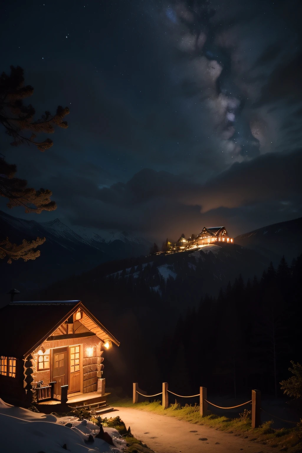 Casa de toras de madeira ao fundo uma noite de luar prateado na montanha,There is a small path to the log house, Casa de campo feita de toras de madeira toda iluminada na montanha, Log house lights up and lonely on the mountain, fundo de uma noite de luar prateado na montanha