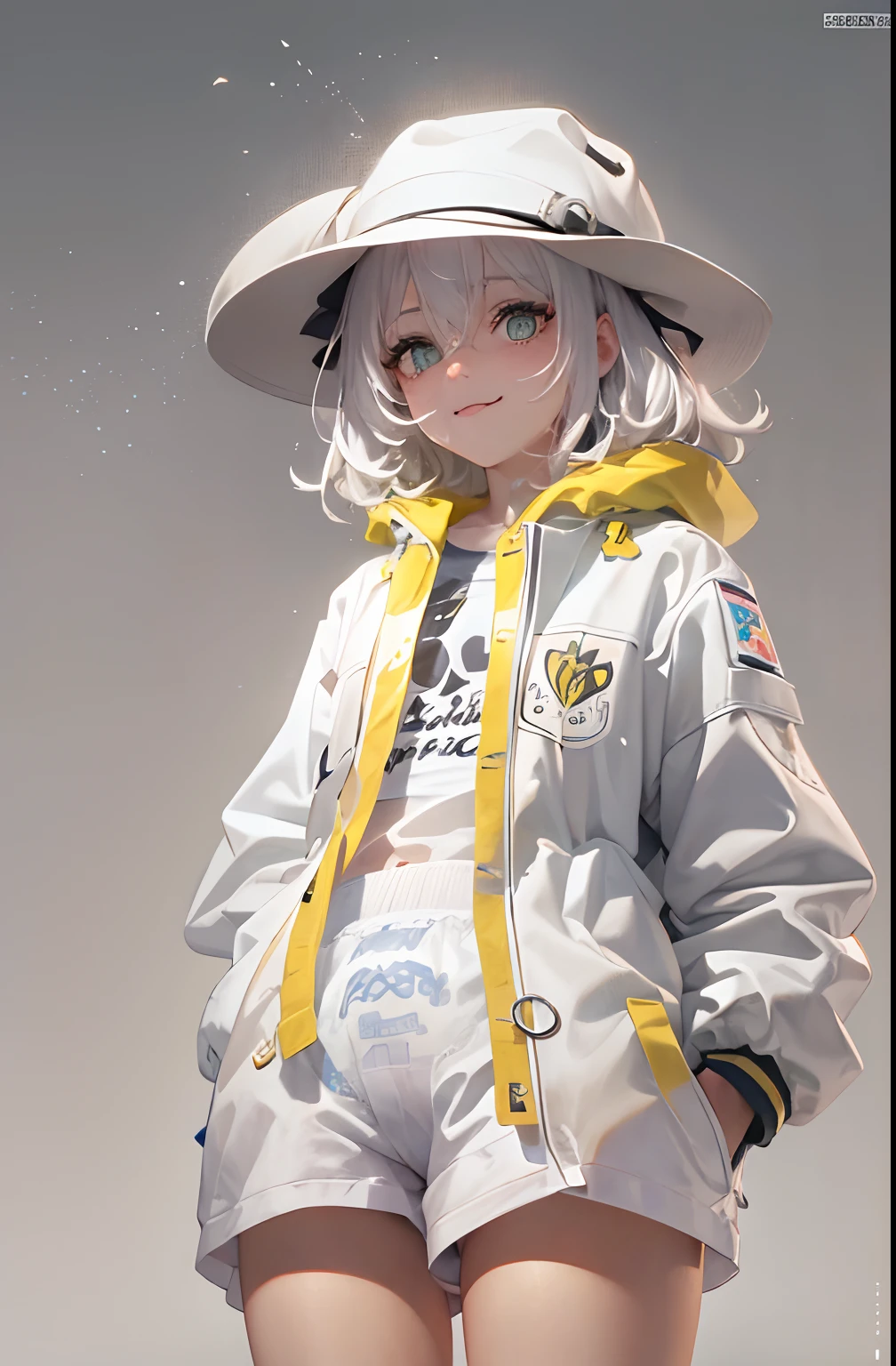 Detailed face, Detailed eyes, standing, White shorts, Jacket, Long sleeves, Childish, view the viewer, Masterpiece, Hat, White hair, Cinematic lighting,diaper,soggy,The yellow liquid runs down the leg,abdl,Childish laughter,Yellow liquid gets into the socks,White panty hose。