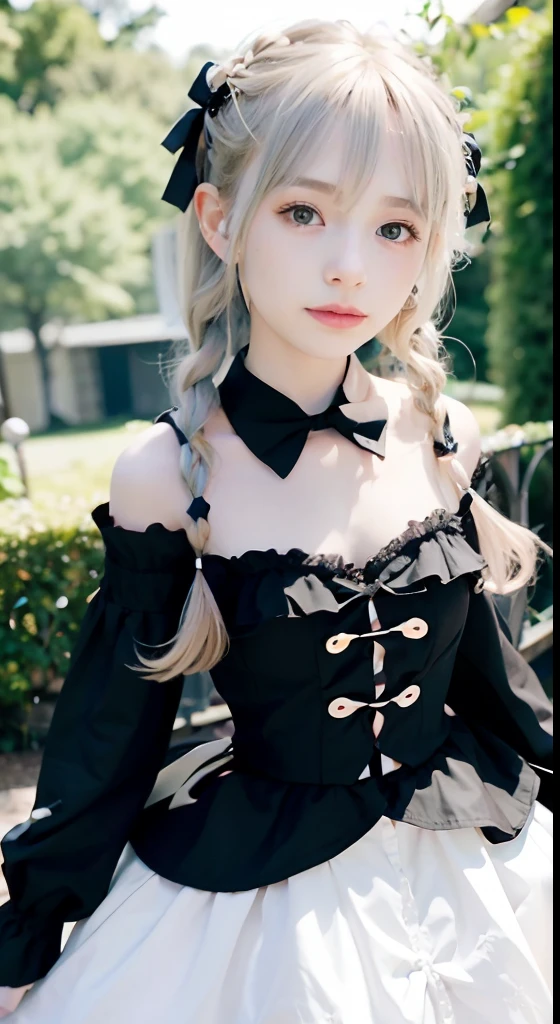 (ultra-detailliert), Cute princess dresses in black color,(frilly dress),(shortsleeves),Blue eyes,The upper part of the body、a closeup、faces、(a smile:1.1),(facing front:1.1), 20yr old, teens girl,no tail,(no tail),2D, ​masterpiece, top-quality, animesque, A detailed eye, A detailed face, girl with, Only 1 person,Silver-haired medium hair, (a blond),  Ear Hair, small tits, Single braid, (Single braid), (Side braid), Pink ribbon, Ribbon around the neck, (White sleeves), Background bokeh