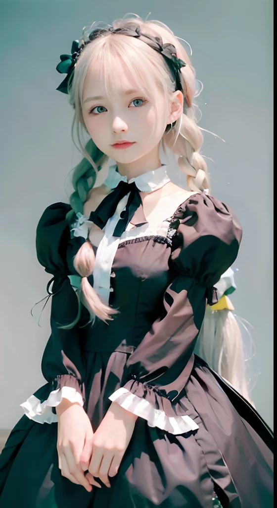 a beautiful girl,blonde pigtail hair,(((looking at the viewer))),standing,blush face,(Very Detailed: 1.3),ultra realistic,HDR,(High Dynamic Range),8K RAW,(((1GIRL))),(((wearing maid dress))),(((black background))),masterpiece,best quality,perfect proportions