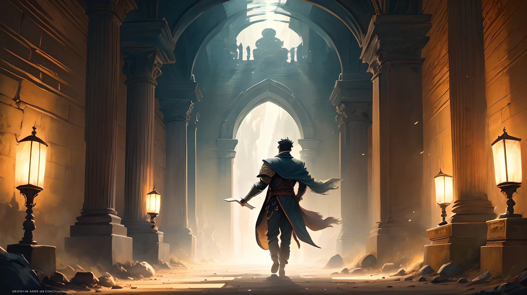 Make me a scene of a young man opening a book and moving to another world in .An ancient place mixed with imagination . drama .realistic. Dim lighting