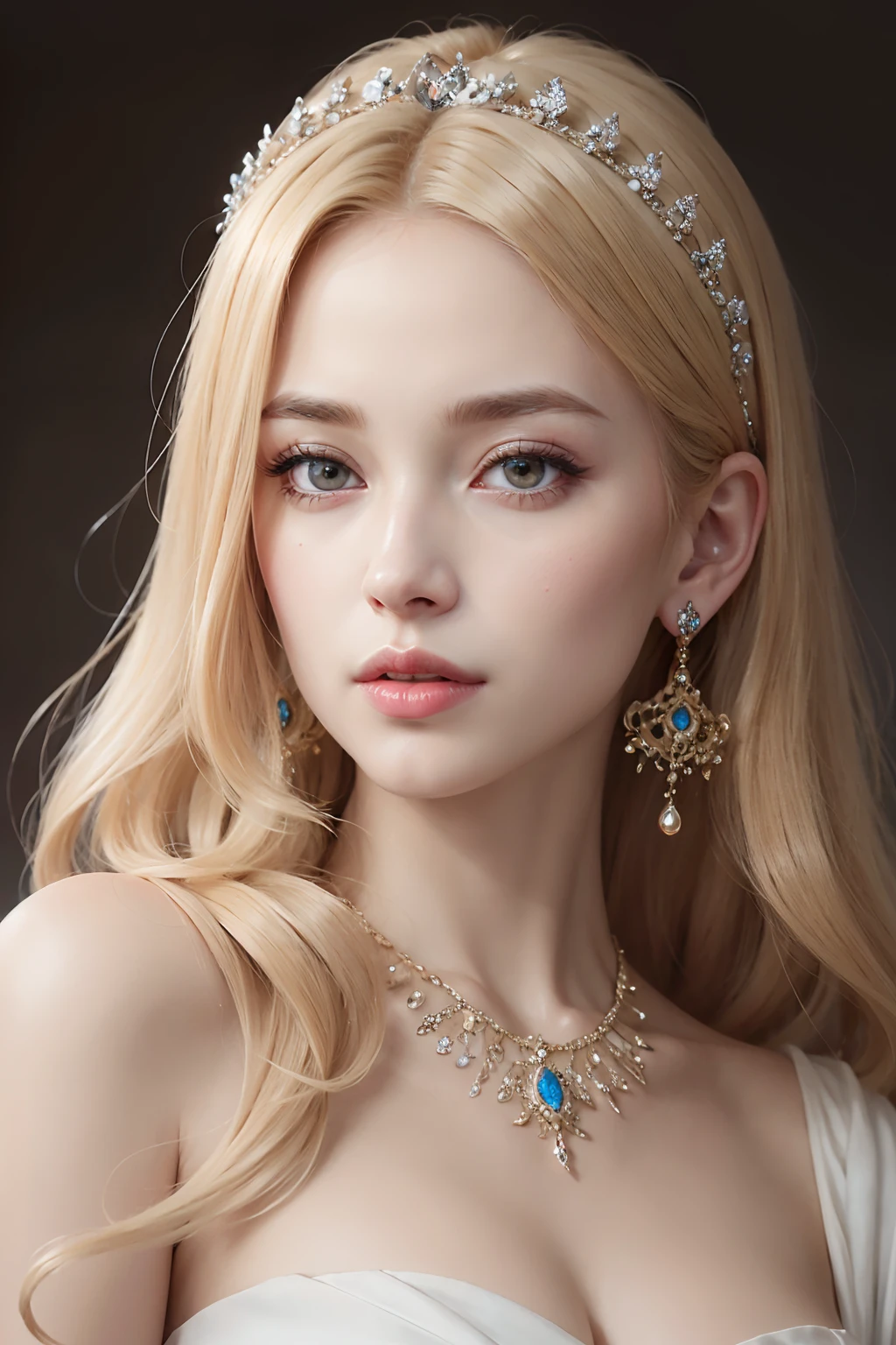 Very beautiful princess bright eyes blond hair jewlery super detailed hyper realistic master piece