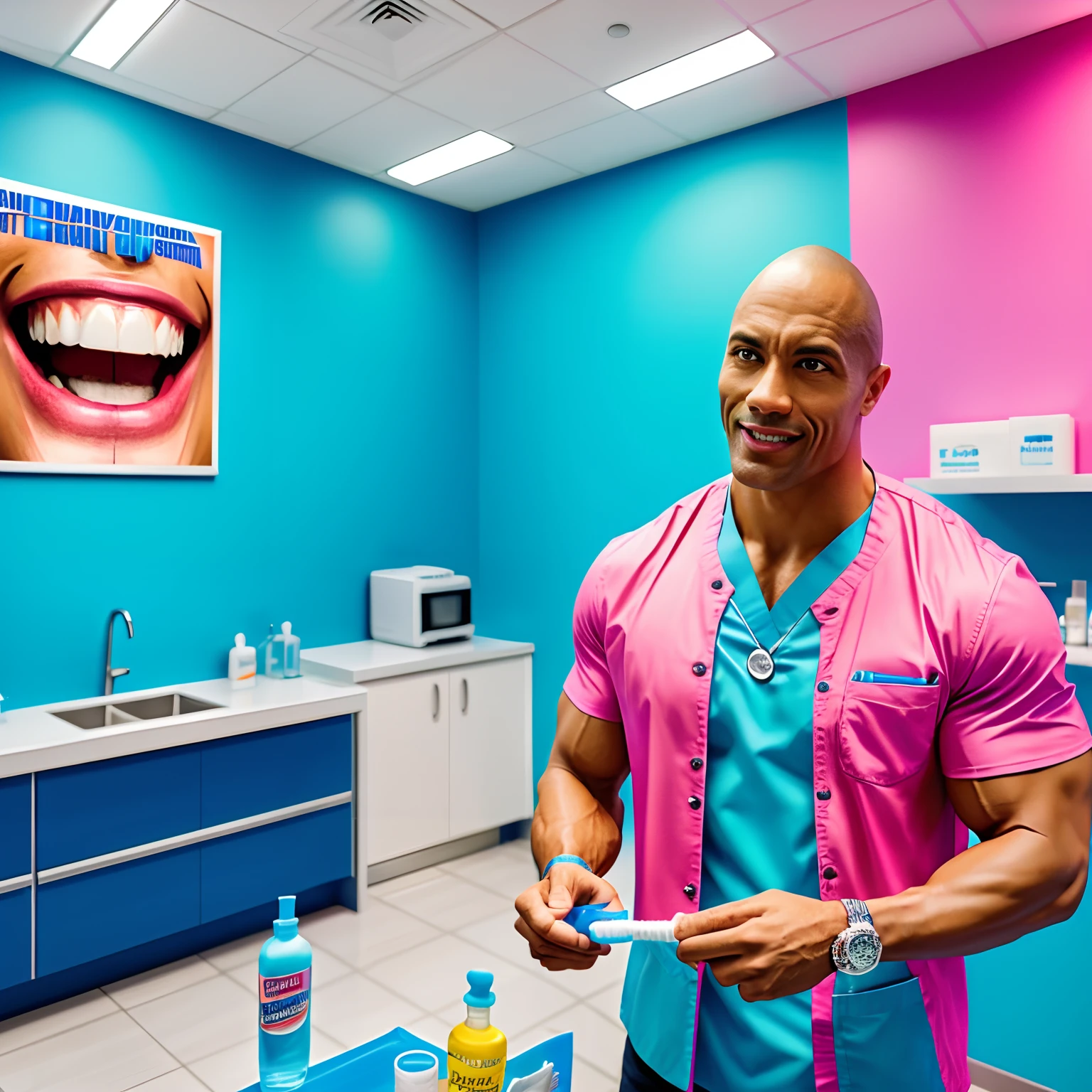The Rock holding a toothbrush & a mouthwash in hand, inside of a dental hospital, miami vibe,bright color, detailed, movie lighting, brand poster, 4k, hyper realistic, studio photo