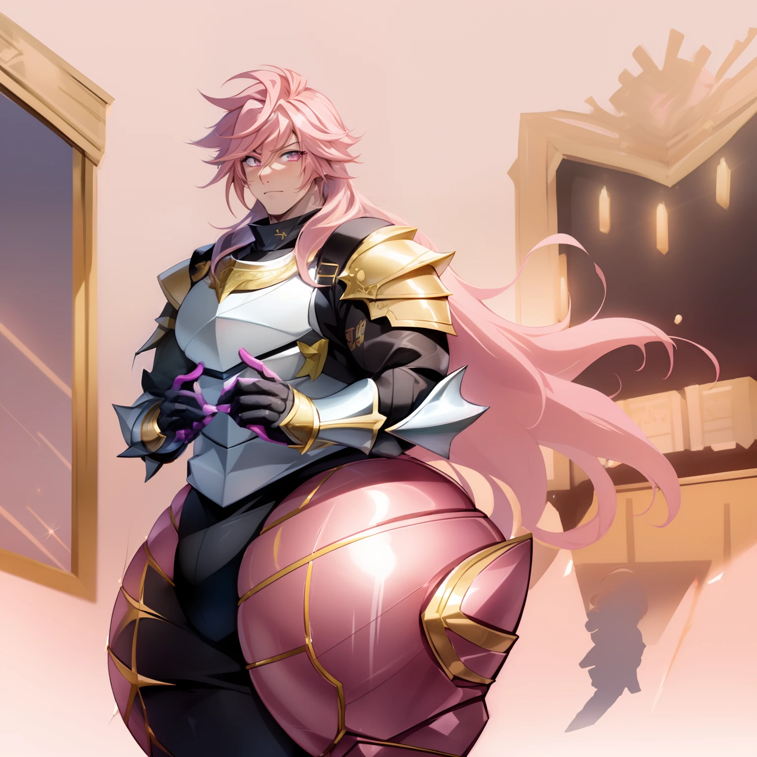 Anime, ((Solo 1Male)),((Long, hot Pink hair)), ((tanned Skin:0.e)), Knight, ((Pink Armor with gold accents)), Handsome, thick thighs , Crusadermon, Massive Thighs, huge ass