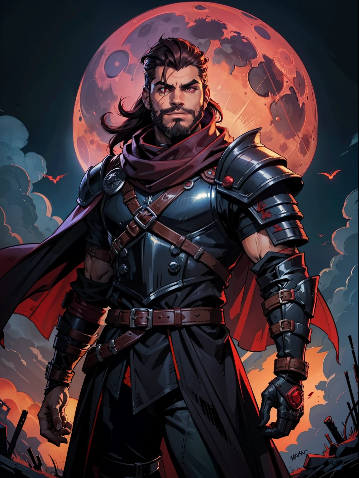 Dark night blood moon background, Darkest dungeon style, looking at the moon, game portrait, Sadurang from Marvel, hunk, short mane hair, mullet, defined face, detailed eyes, short beard, glowing red eyes, dark hair, wily smile, badass, dangerous, wearing classy trench overcoat over armor and red scarf