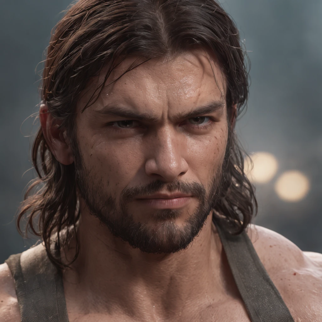 (Professional 3D rendering:1.3) de (Realistic:1.3) Foto de arte mais bonita do mundo,Features soft, bright male heroes, ((Epic hero fantasy rough muscular man wet hero angry look long hair short beard and fierce expression in dynamic pose, fantastic location, majestoso ambiente desordenado)), corpo inteiro 8k unidade render, action shot, poros da pele, very dark lighting, sombreamento pesado, circunstanciado, Rosto detalhado, (vibrante, fotogrdeia realista, Realistic, Dramatic, Escuro, foco nítido, 8k), (Old leather clothes damaged by bad weather:1.4), ((((Use peles)))), (intrincado:1.4), decadente, (altamente detalhado:1.4), pintura digital, rendering by octane, art stations, Conceito-Arte, liso, foco nítido, illustration, germe da arte, (Loish:0.23), Wlop Ilya Kuvshinov, e Greg Rutkowski e Alphonse Mucha Gracias, (global ilumination, studiolight, Light Volumetric), chuva forte, floating particles, patife, fantasia, Onze, corpo inteiroesbian, ((Fundo escuro e antigo da cidade:1.3)),CGSesociedade,art stations