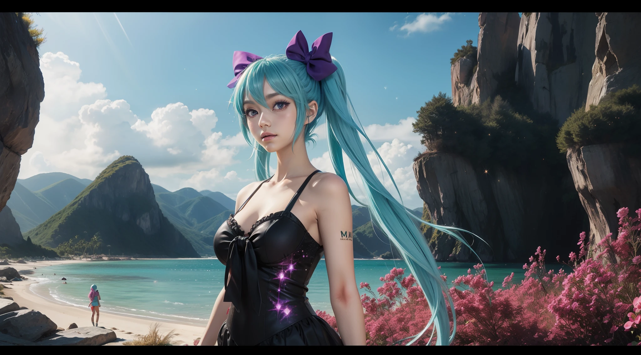 Big breasts Hatsune Miku, beachside, The hair is red and purple, Hair Bow, Colorful eyes are carefully depicted,Anime style, Sparkle, letterboxed, Wide shot, in a panoramic view, hyper HD, 3Drenderingof,Super detail, Award-Awarded, 1080p