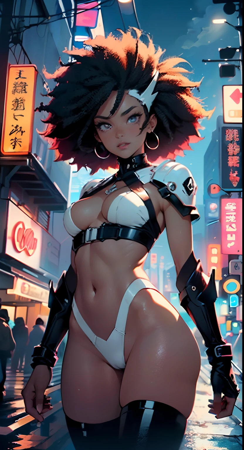 girl spacepunk,(((1girl))),((1 extremely cute and beautiful afro haired anime girl)),((((black race)))),

(large breasts:1.4),saggy breasts,((((black afro hair:1.35,((afro hair:1.35)),afrohair,afro:1.35,dark hair,black hair,)))),medium hair,((heterochromia,eye1 orange,eye2 red,perfect eyes,upturned eyes:1.3,beautiful detailed eyes,finely detailed beautiful eyes:1,big highlight on eyes:1.2)),((fat)),((((tan,dark skin,black skin:1.35,dark-skinned_female,dark skin:1.3,ebony skin,lustrous skin:1.5,bright skin: 1.5,shiny skin,very shiny skin,shiny body)))),(spider lower abdomen,narrow waist,wide hip,athletic body,inflated legs,delicate detailed fingers),((hand consists of a short thumb and four fingers,hand with just five fingers,(detailed face))),

cute,slutty,sensual,seductive look,seductive,erotic,enchanting,(((nsfw))),

zettai ryouiki,revealing clothing,show skin,(wearing a mechanical space body armor:1.3,micro bikini,bare legs),(detailed outfit,detailed clothes),

(dynamic pose:1.0),solo focus,embarrassed,centered,scale to fit dimensions,Rule of thirds,

outdoors,((night view)),(very pretty city neon synthwave,cyberpunk night street Background:1.5,dark sky,thick clouds),future vehicles,((neon lights)),thick clouds,(cyberpunk style,neon lights, (synthwave theme background), lonely street),(((detailed background:1.25))),

(best quality,high resolution,sharp focus,ultra detailed,extremely detailed,extremely high quality artwork,(realistic,photorealistic:1.37),8k_wallpaper,(extremely detailed CG 8k),(very fine 8K CG),((hyper super ultra detailed perfect piece)),flawless,(((masterpiece))),illustration,vibrant colors,(intricate),High contrast,Selective lighting,Double exposure,HDR (High Dynamic Range),Post-processing,Background blur,