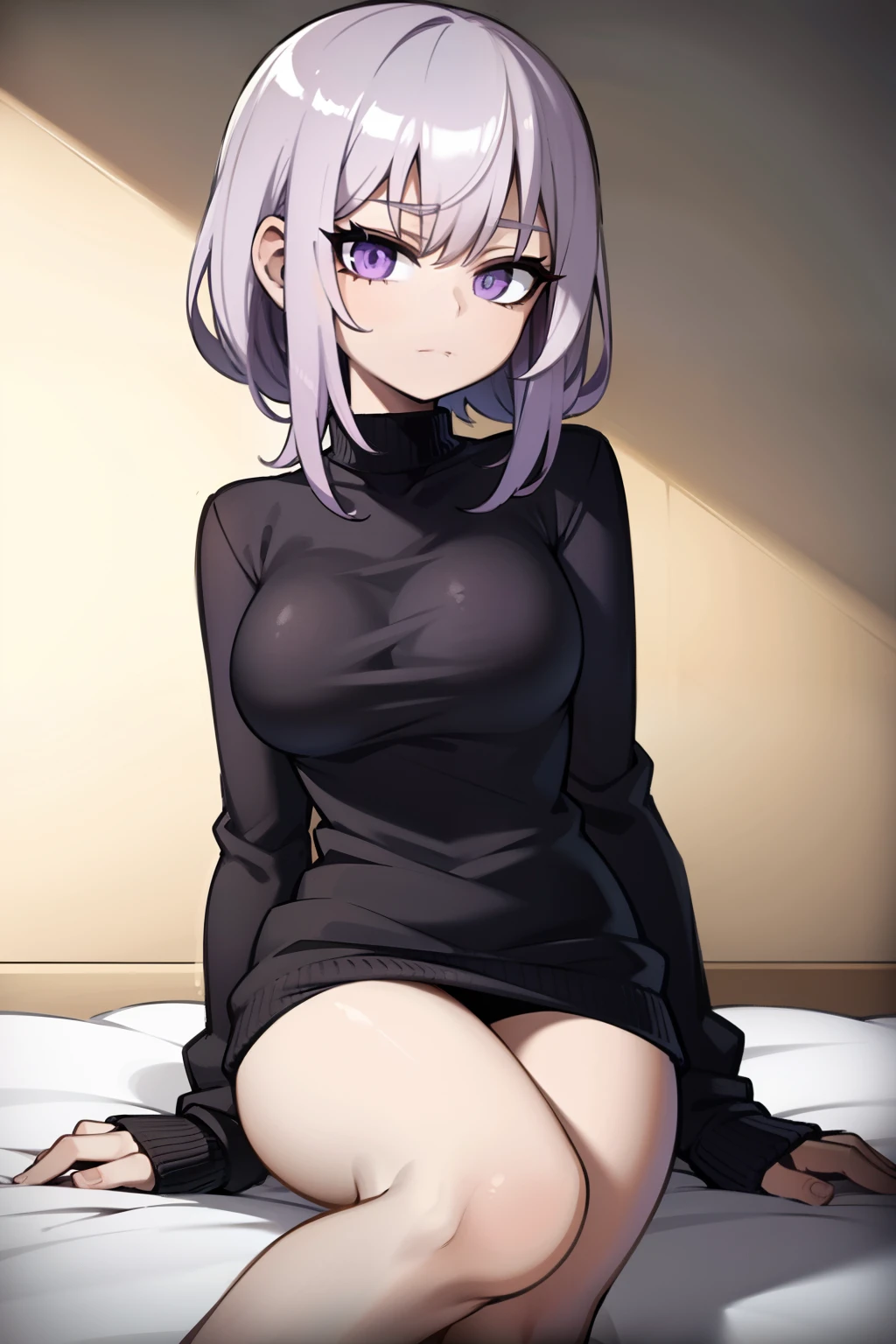 light purple hair, black sweater, on bed
