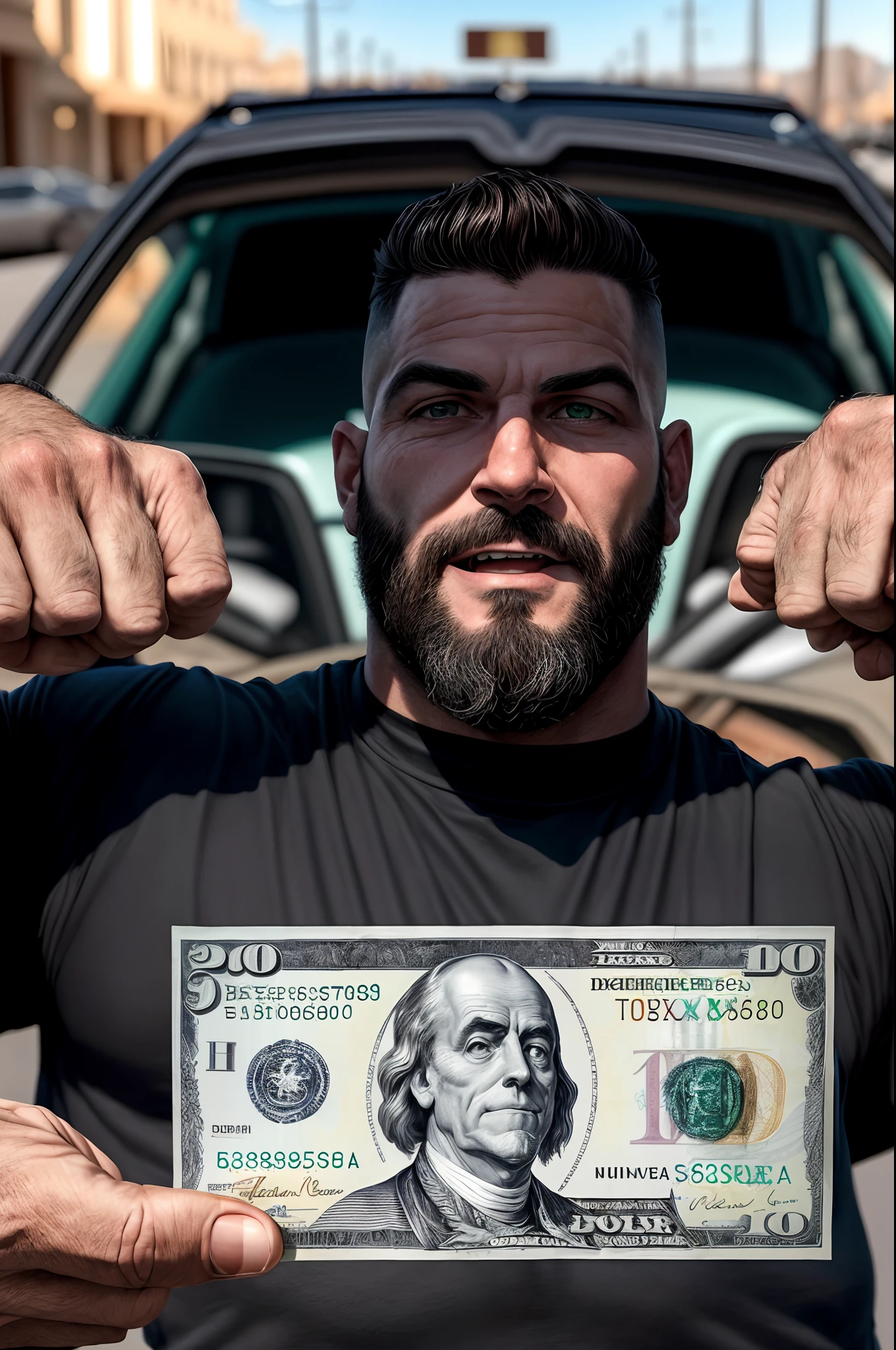 Foto extremamente detalhada realista de um lindo e jovem homem de 36 anos brasileiro gordinho barbudo sorridente em um lindo terno, cercado por uma enxurrada de detalhes, very realistic dollar bills, carros de luxo, Notas Reais, joias caras, Epic composition, cercado por uma enxurrada de detalhes, very realistic dollar bills, carros de luxo, Notas Reais, joias caras, Epic composition, Las Vegas, 4k, 8k, 16k, 32k