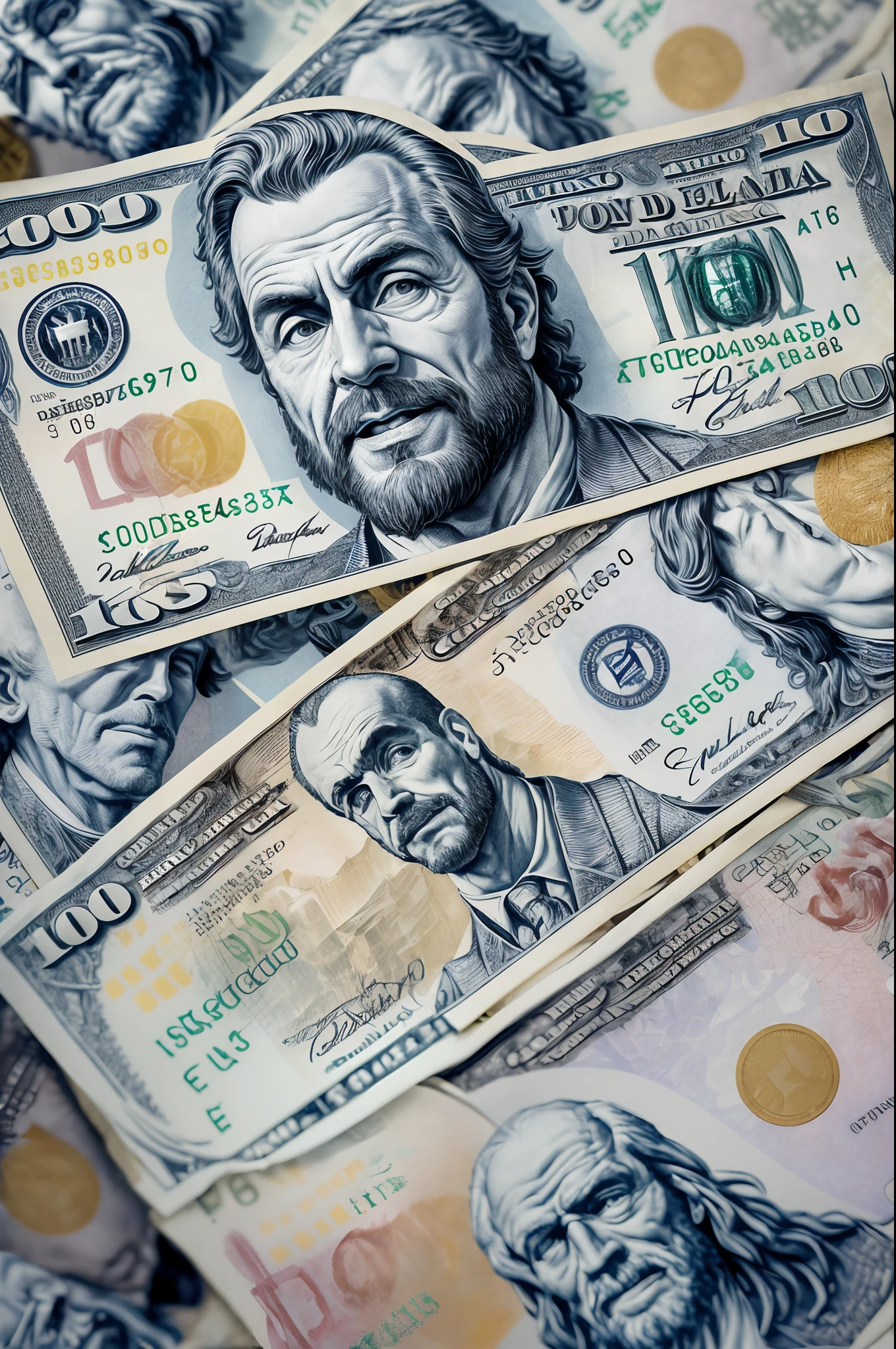 Foto extremamente detalhada realista de um lindo e jovem homem de 36 anos brasileiro gordinho barbudo sorridente em um lindo terno, cercado por uma enxurrada de detalhes, very realistic dollar bills, carros de luxo, Notas Reais, joias caras, Epic composition, cercado por uma enxurrada de detalhes, very realistic dollar bills, carros de luxo, Notas Reais, joias caras, Epic composition, Las Vegas, 4k, 8k, 16k, 32k