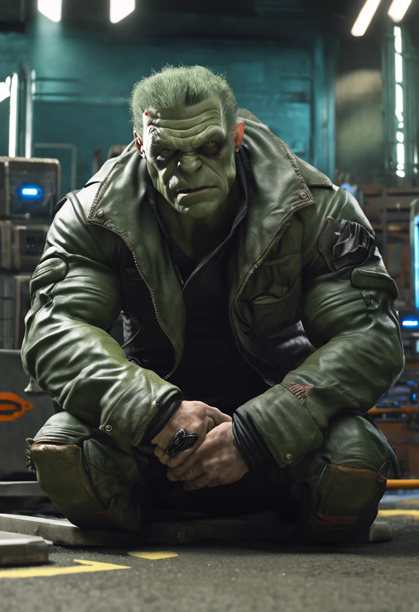 (master part, qualidade soberba, super delicado, high resolution) (((Military jacket and pants))) (((O monstro de frankenstein da Marvel))) (((segurando caixa de som))) (((pale skin))), photo-realistic, octan render, Motor irreal, ultra-realistic, (((Marvel's pale-skinned Frankenstein's monster))) (((na Cidade Sombria))), raios no fundo, ultra-realistic, master part, octan render, Motor irreal