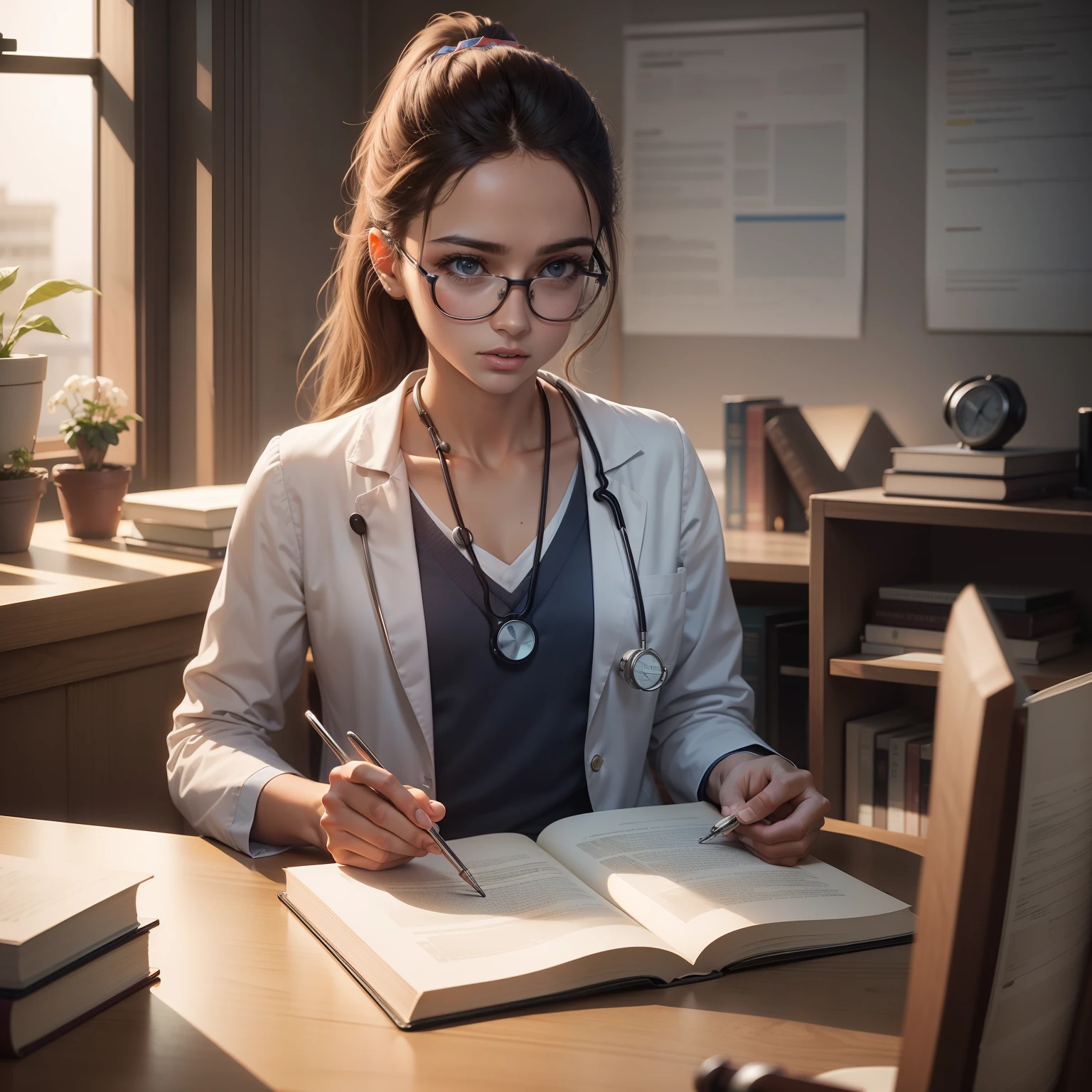 A medical student study on table with anatomy book in futeristic room briliant student look like stethoscope on here neck realistic 4k ultra