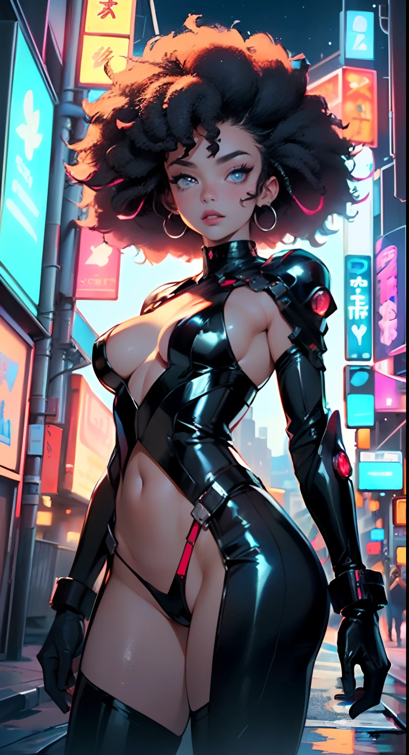 girl spacepunk,(((1girl))),((1 extremely cute and beautiful afro haired anime girl)),((((black race)))),
(large breasts:1.4),saggy breasts,((((black afro hair:1.35,((afro hair:1.35)),afrohair,afro:1.35,dark hair,black hair,)))),medium hair,((heterochromia,eye1 orange,eye2 red,perfect eyes,upturned eyes:1.3,beautiful detailed eyes,finely detailed beautiful eyes:1,big highlight on eyes:1.2)),((fat)),((((tan,dark skin,black skin:1.35,dark-skinned_female,dark skin:1.3,ebony skin,lustrous skin:1.5,bright skin: 1.5,shiny skin,very shiny skin,shiny body)))),(spider lower abdomen,narrow waist,wide hip,athletic body,inflated legs,delicate detailed fingers),((hand consists of a short thumb and four fingers,hand with just five fingers,(detailed face))),
cute,slutty,sensual,seductive look,seductive,erotic,enchanting,(((nsfw))),
zettai ryouiki,revealing clothing,show skin,(wearing a mechanical space body armor:1.3,micro bikini,bare legs),(detailed outfit,detailed clothes),
(dynamic pose:1.0),solo focus,embarrassed,centered,scale to fit dimensions,Rule of thirds,
outdoors,((night view)),(very pretty city neon synthwave,cyberpunk night street Background:1.5,dark sky,thick clouds),future vehicles,((neon lights)),thick clouds,(cyberpunk style,neon lights, (synthwave theme background), lonely street),(((detailed background:1.25))),
(best quality,high resolution,sharp focus,ultra detailed,extremely detailed,extremely high quality artwork,(realistic,photorealistic:1.37),8k_wallpaper,(extremely detailed CG 8k),(very fine 8K CG),((hyper super ultra detailed perfect piece)),flawless,(((masterpiece))),illustration,vibrant colors,(intricate),High contrast,Selective lighting,Double exposure,HDR (High Dynamic Range),Post-processing,Background blur,