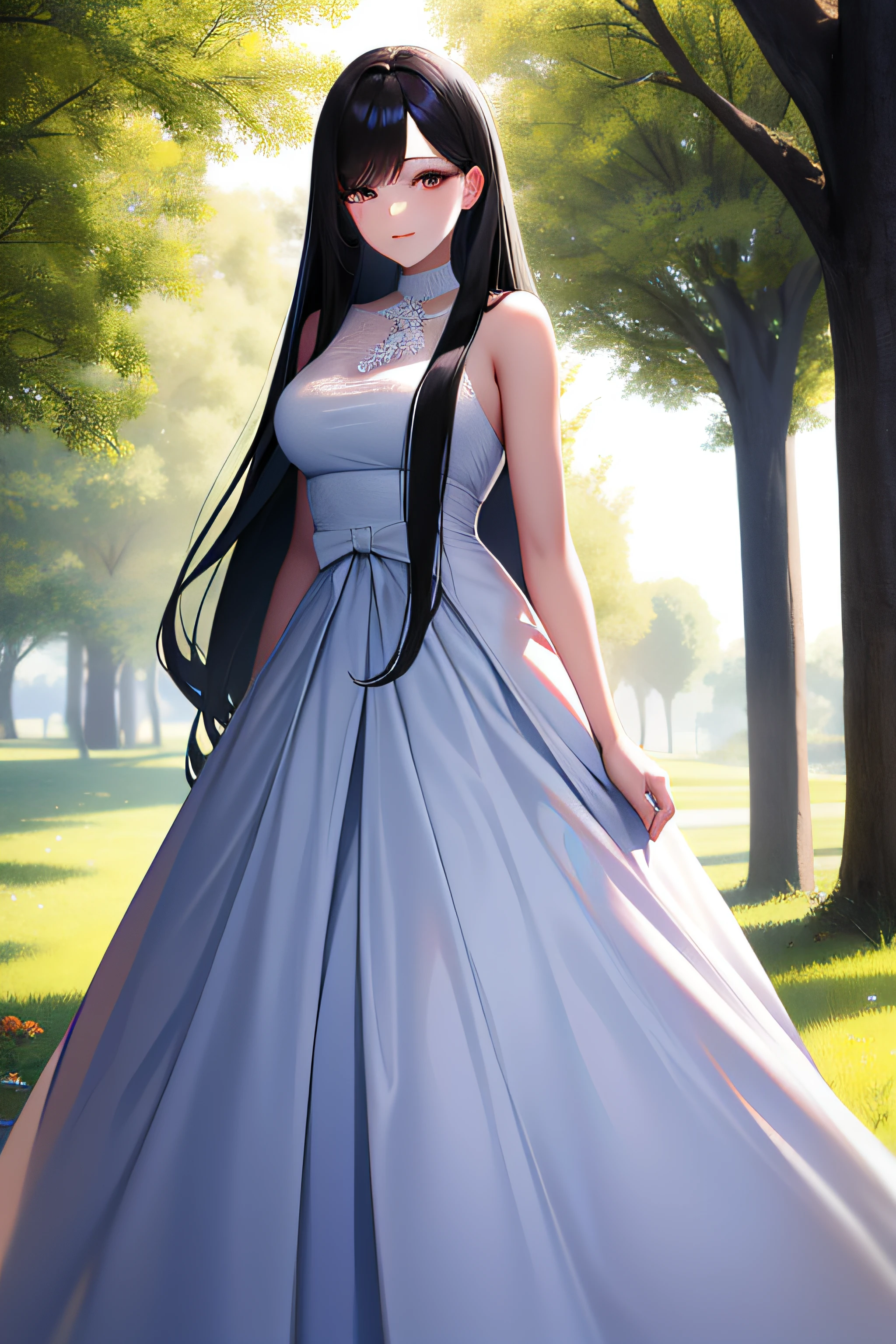 black long straight hair,grown woman,white dresses,Under the tree