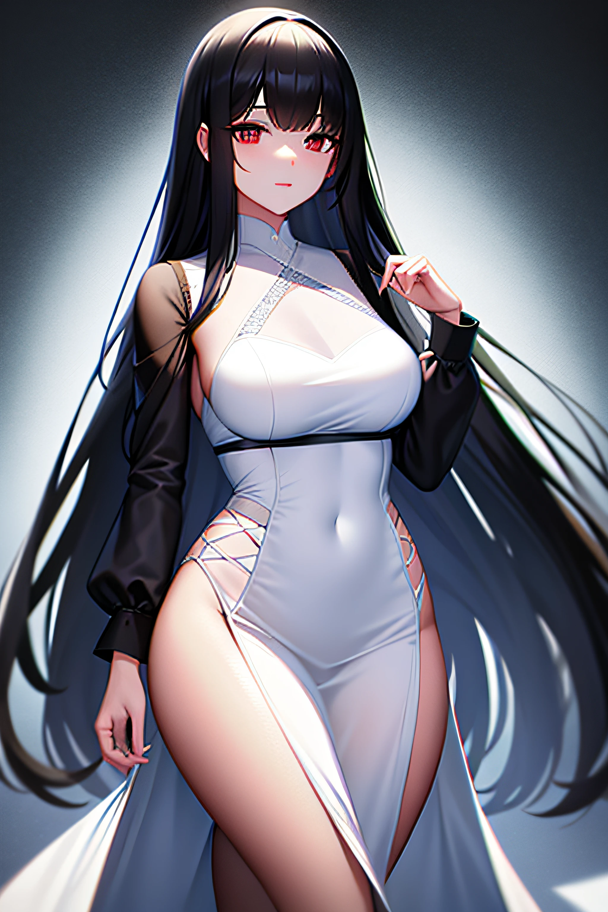 black long straight hair,grown woman,White transparent dress