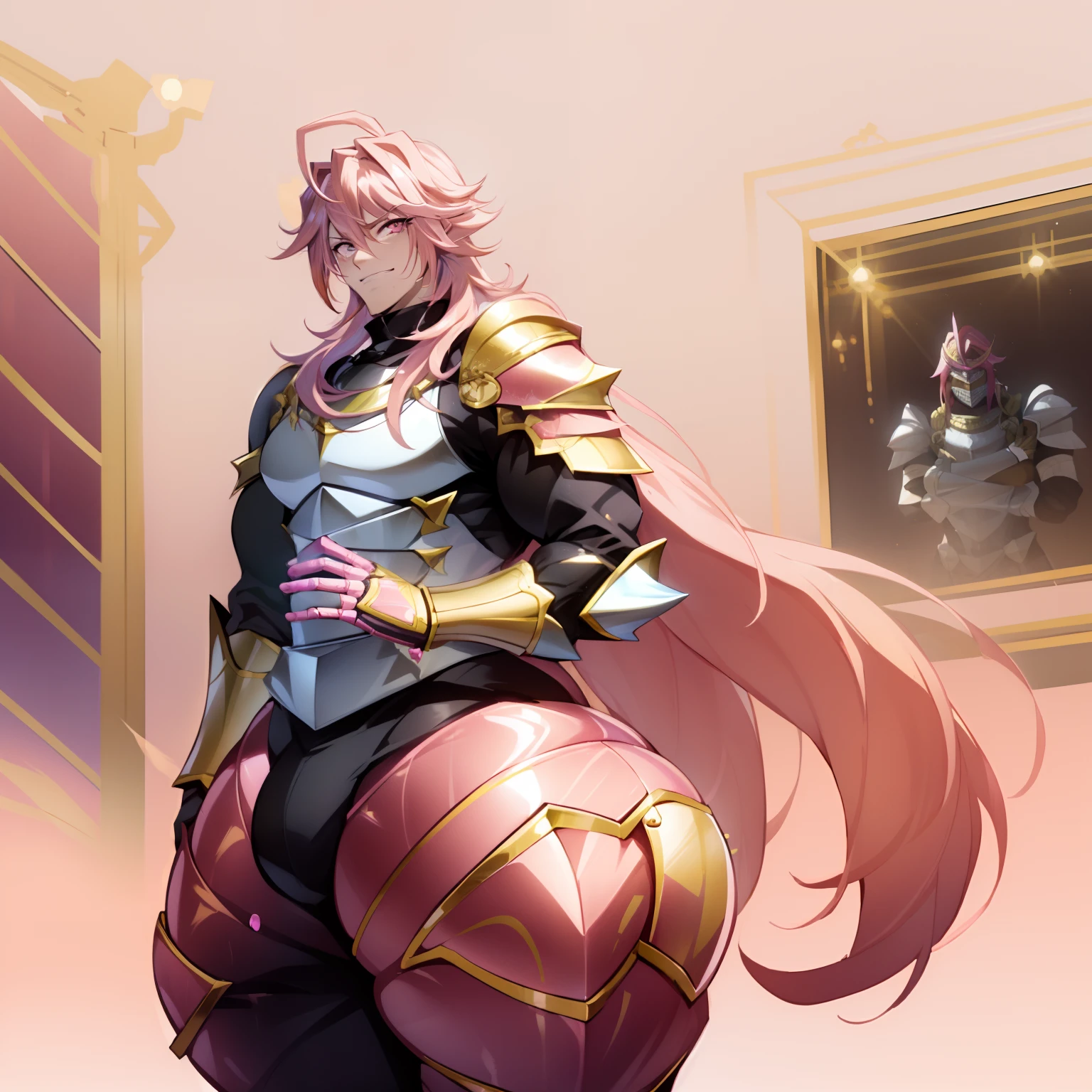 Anime, ((Solo 1Male)),((Long, hot Pink hair)), ((tanned Skin:0.e)), Knight,  ((Pink Armor with gold accents)), Handsome, thick thighs  , Crusadermon, Massive Thighs, huge ass, Dynamic pose, Smirking