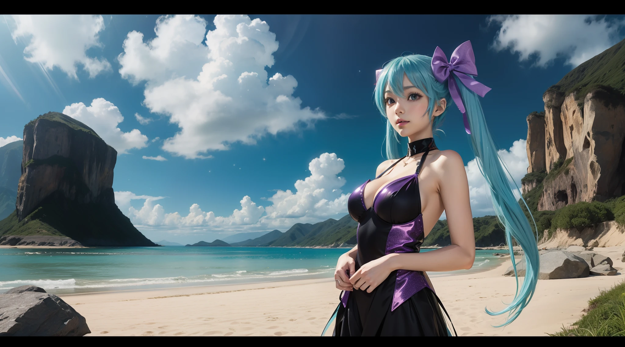 Big breasts Hatsune Miku, beachside, The hair is red and purple, Hair Bow, Colorful eyes are carefully depicted，Anime style, Sparkle, letterboxed, Wide shot, in a panoramic view, hyper HD, 3Drenderingof，Super detail, Award-Awarded, 1080p