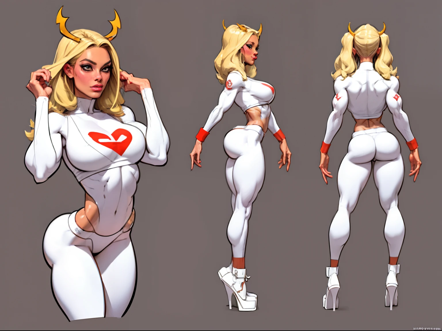 ((masterpiece)),(((best quality))),((character design sheet)), illustration,1woman, environment Scene change,  hair bangs, leg warmers, muscular, red skin, white legs, thick legs,devil horns, scribbles and marks, fire, ((detailed face:1.1)), rough sketches, pose too, blonde and white color palette, 8k,16k, (simple background, light background: 1.3)