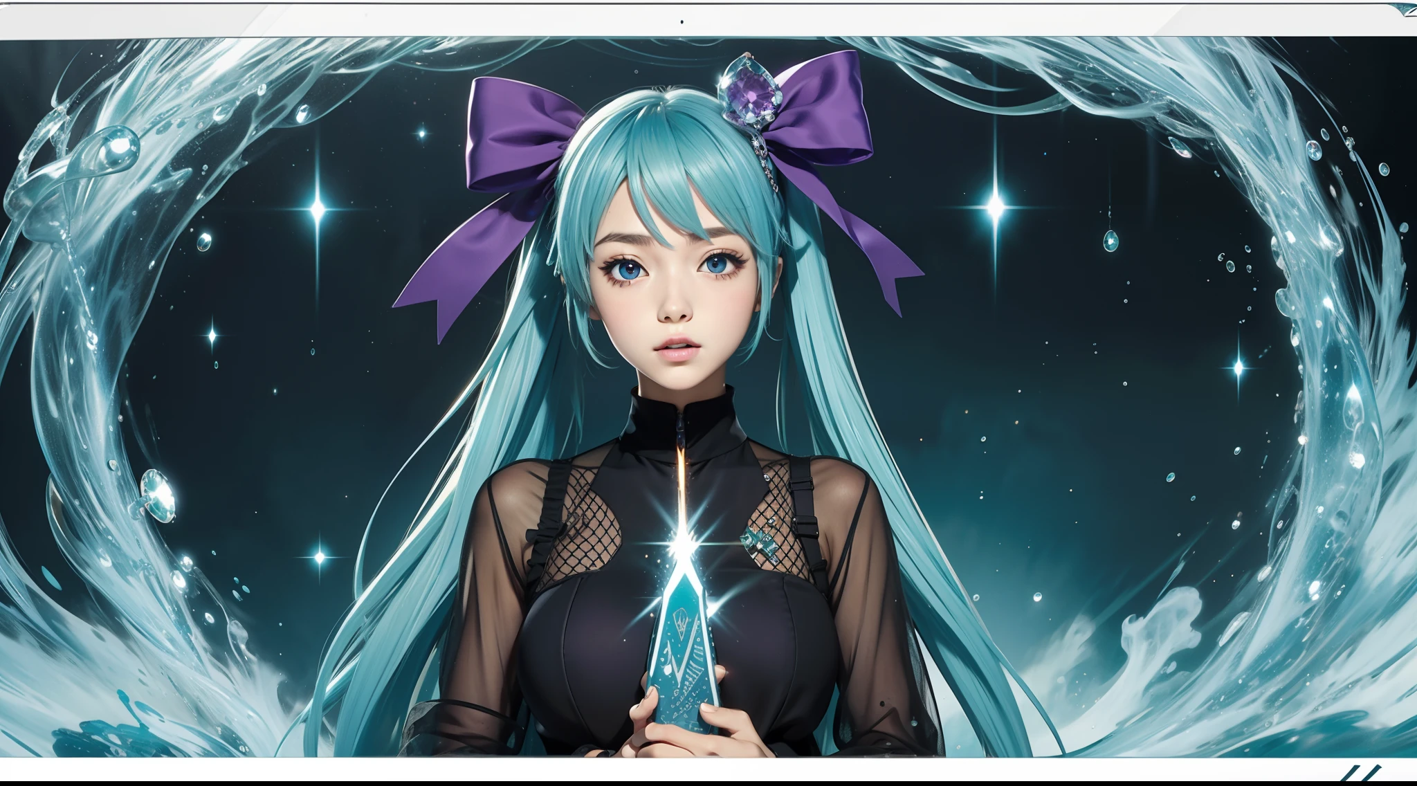 Big breasts Hatsune Miku, beachside, The hair is red and purple, Hair Bow, Colorful eyes are carefully depicted,Anime style, Sparkle, letterboxed, Wide shot, in a panoramic view, hyper HD, 3Drenderingof,Super detail, Award-Awarded, 1080p