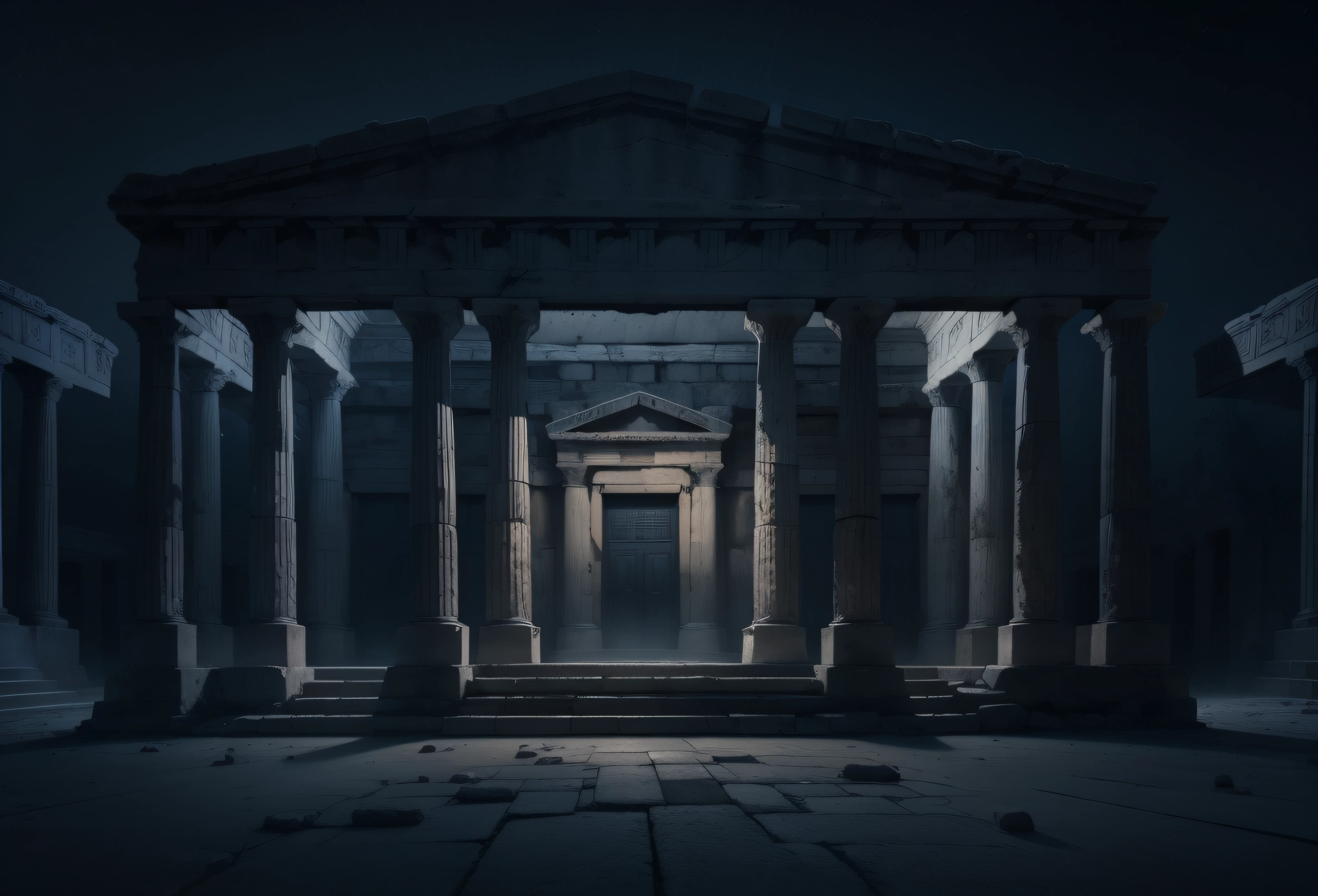 at night, ancient greek palace, empty, dark environment, 4k, ultra-realistic