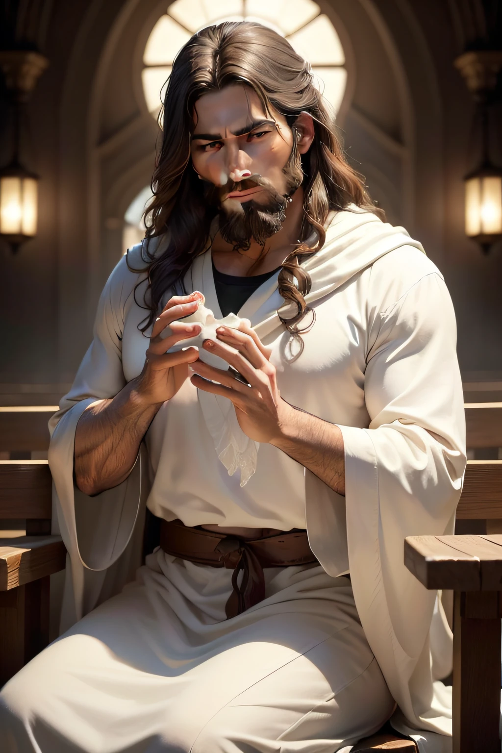"Por favor, create a high-definition image of Jesus Christ in a serene, illuminated setting. Descreva-o com cabelos longos, beard and a compassionate expression. He should be wearing a white robe and be standing or sitting in a tranquil landscape, com uma aura de luz divina ao redor dele. A cena deve transmitir paz, Love and compassion. Certifique-se de que a imagem seja detalhada e realista, capturing the facial features and emotion of Jesus Christ."
