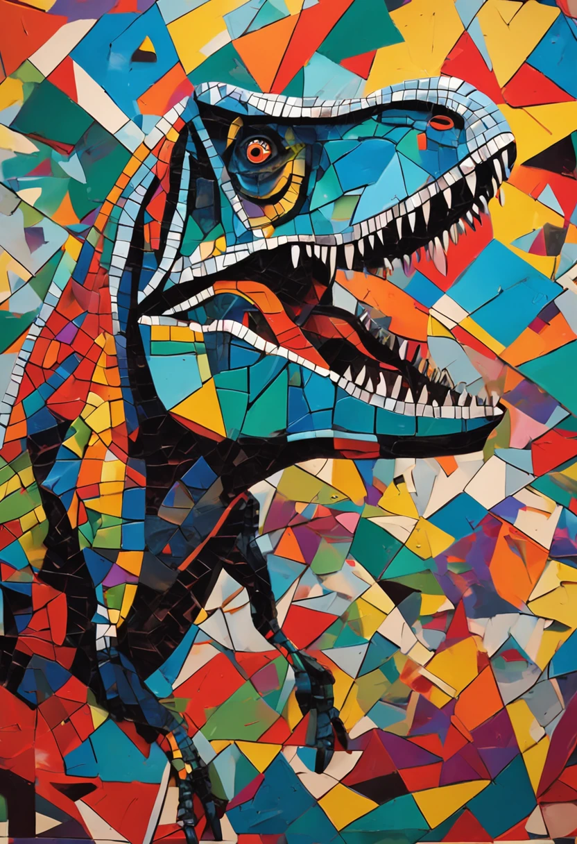pop music、tyrannosaurus rex、Picasso-style abstract painting、Scrape Art、cubism、Irregular mosaic art, Antique clothing, Ultrarealismo, 8K,