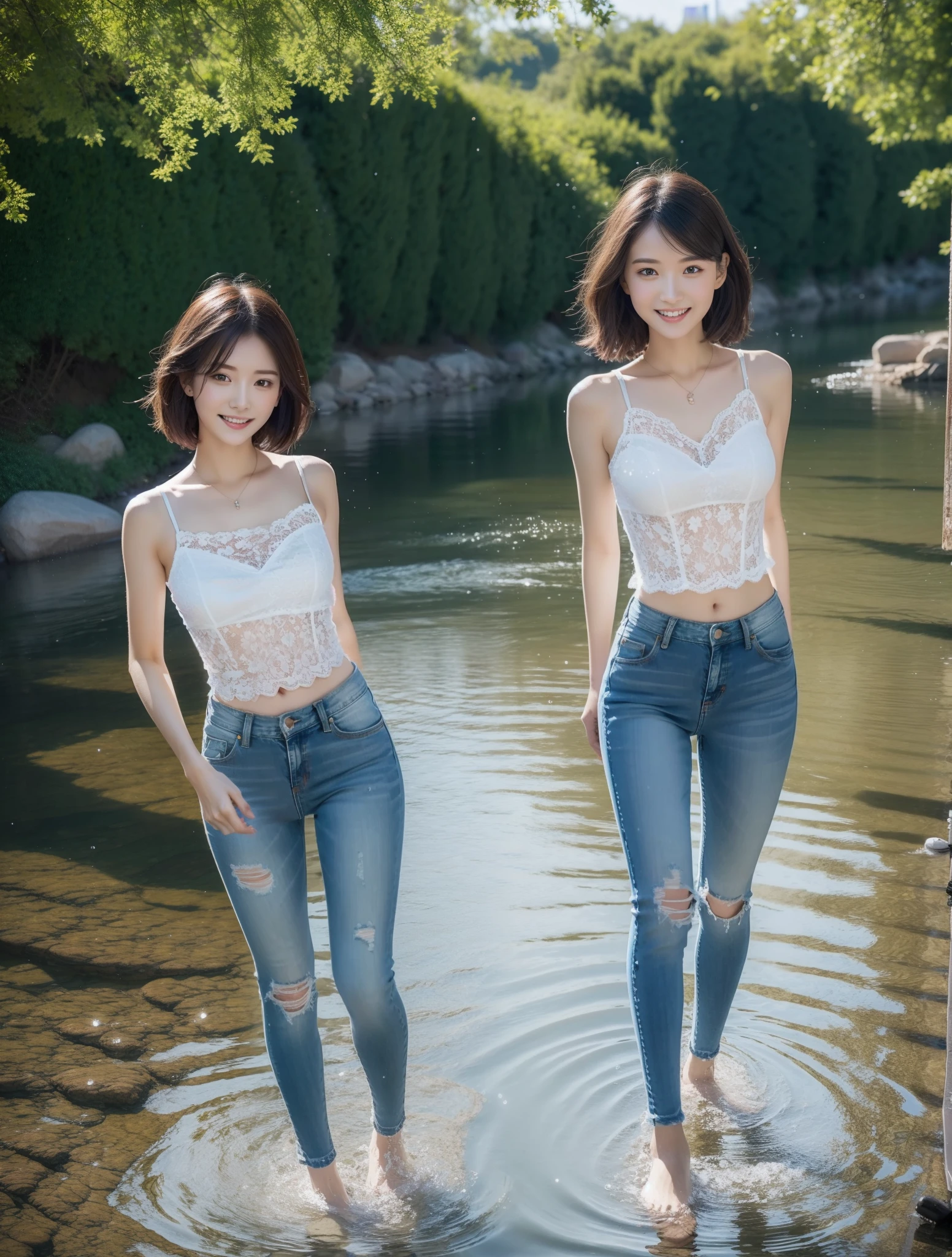 tmasterpiece,hyper HD,1 Beauty by the river,Wear lace floral neckline skinny shirt blue jeans,Happy frolicking in the water,The costume is wet,Fit snugly to the body,detailed outfits:1.5,short detailed hair,Delicate hair,Wet hair:1.5,Water droplets hang on fair skin:1.2,Detailed river water,the river is crystal clear:1.5,Full body photography:1.8