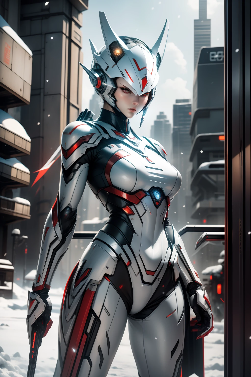 masterpiece、top-quality、hight resolution、cyberpunked、Real with creativity、White and red metal body、Slender woman、Beast Woman、Ultraman、snow-white body、(Stance:1.1)、Biomechanics、 Megacities of the future、Dramatic Lighting、Beam rifle in hand、