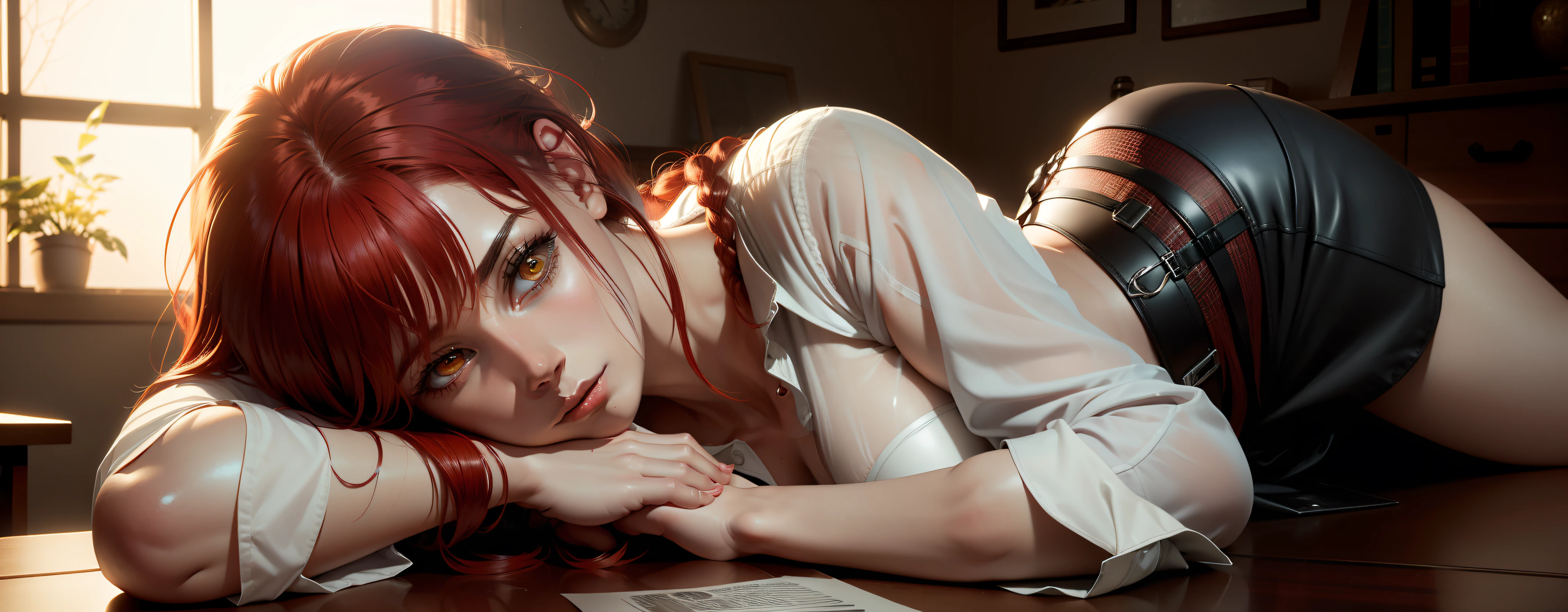 Makima from chainsaw man, there is a desk in a room with a window and a lamp, Makima is laying on the desk((Can see her from feet to head)), red hair, glistening yellow eyes, detailed face, soft lips, soft skin, extremely detailed face, perfect quality, wet skin and hair, medium soft breasts, red hair, fashion realistic, high-definition sysie details, photography , sharpness, unique 850 4, f1.6 lens, rich colors, super realistic texture, spectacular texture, surreal art, Cinestil 800 fashion mechanism, moody, braided red hair, makima from chainsaw man hair style, full body, perfect looking body, sexy body, white shirt, black leather skirt