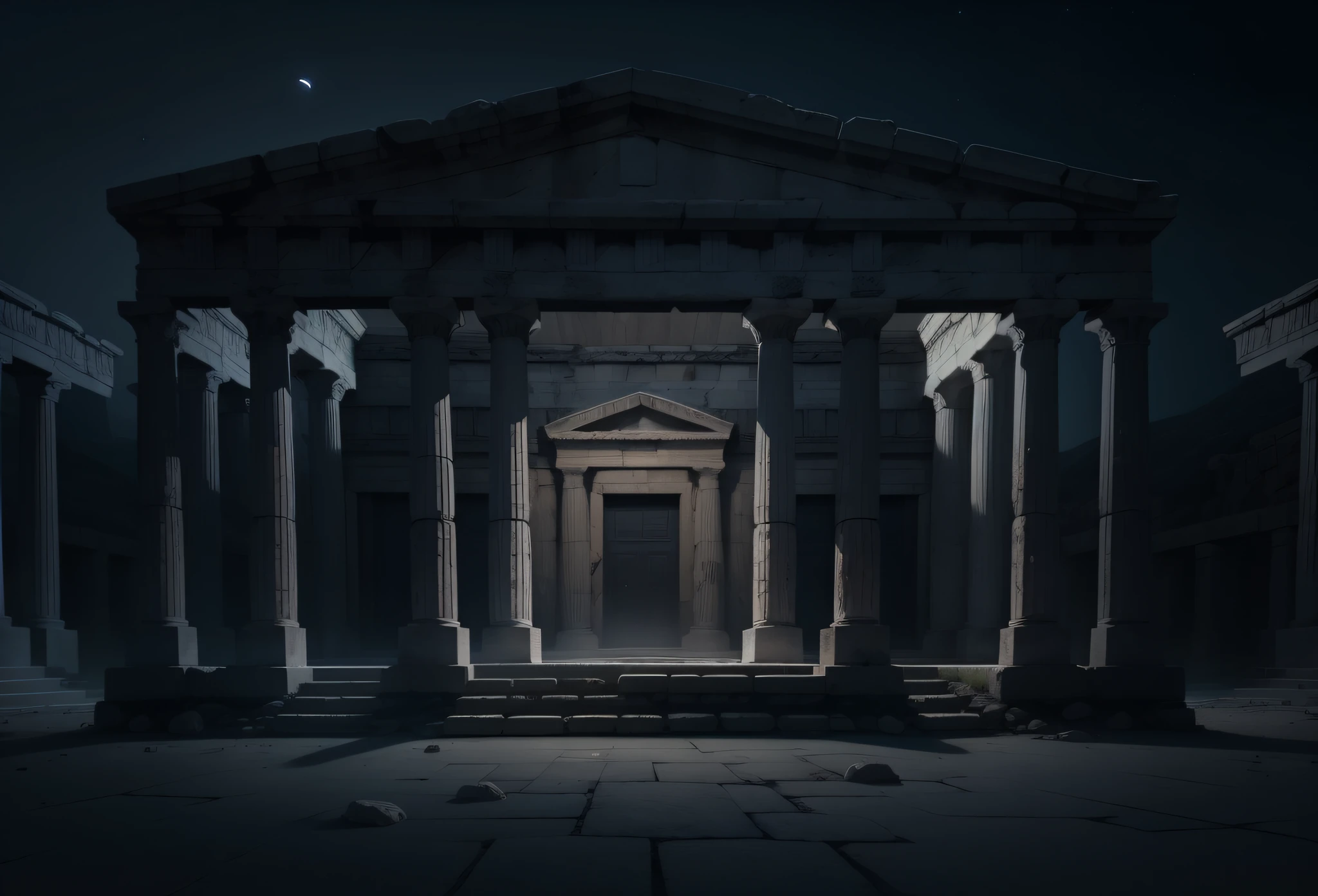 at night, ancient greek palace, empty, dark environment, bright moon background, 4k, ultra-realistic