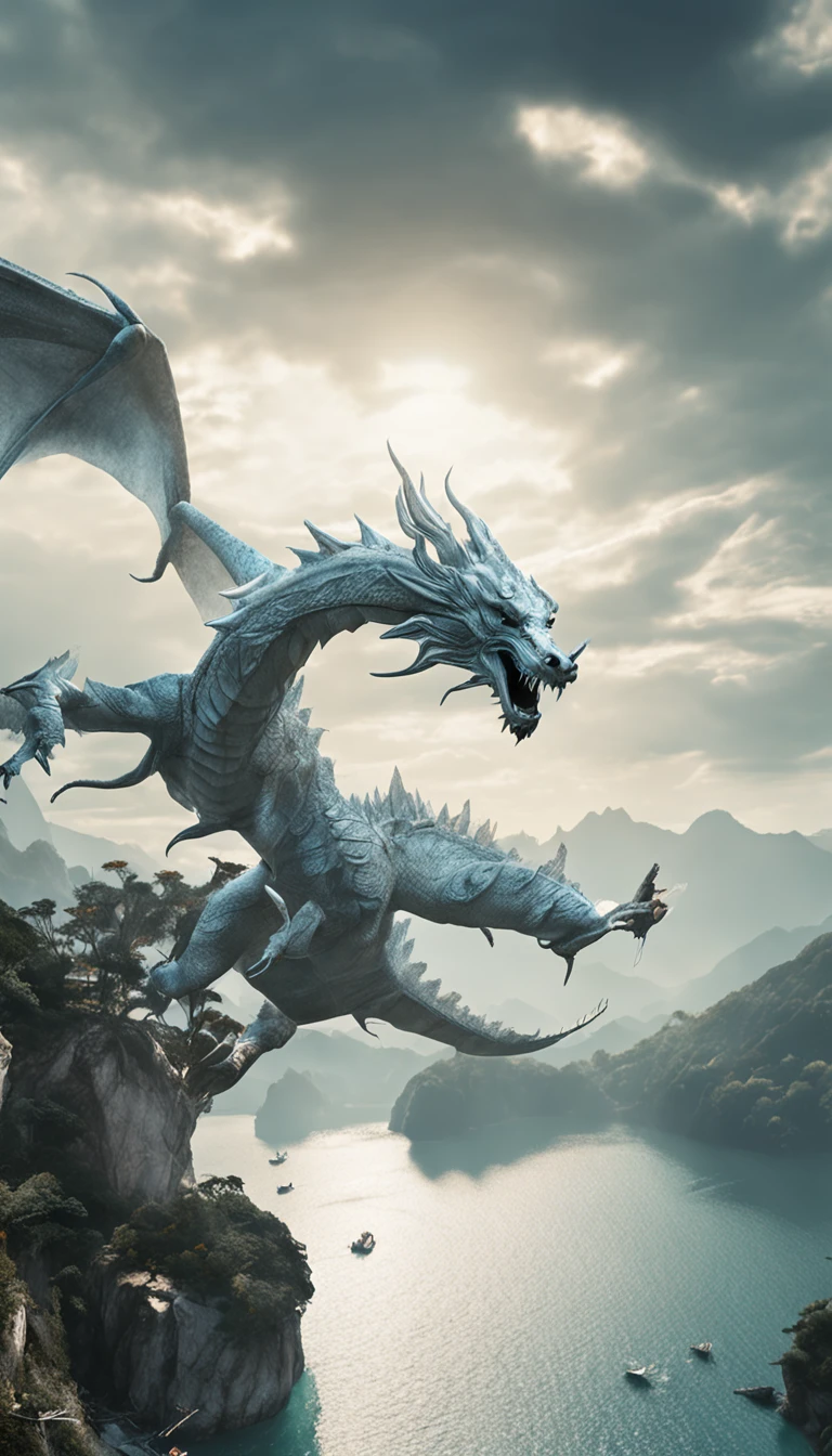 (close up, aerial view)1white dragon, lake and water, Best quality, Masterpiece, 超高分辨率, (photograph realistic:1.4), surrealism, Dream-like,fusionart, Shadowdancer, shadow magic, darkness control, stealth, shadowstep, umbral spells, hidden blade, (((cinematic lights))), extremely detailed, super-resolution, ((((twisted)))),