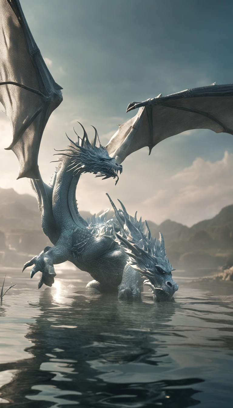 (close up, aerial view)1white dragon, lake and water, Best quality, Masterpiece, 超高分辨率, (photograph realistic:1.4), surrealism, Dream-like,fusionart, Shadowdancer, shadow magic, darkness control, stealth, shadowstep, umbral spells, hidden blade, (((cinematic lights))), extremely detailed, super-resolution, ((((twisted)))),