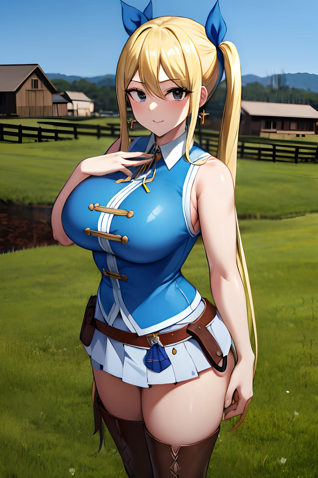 masterpiece, best quality, highres, lucy heartfilia, blonde hair, long hair, side ponytail, blue ribbon, large breasts, earrings, thigh boots, blue shirt, sleeveless shirt, white skirt, standing, outdoors, town, house, cowboy shot, looking at viewer, legs view