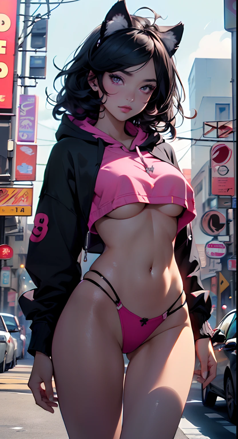 girl spacepunk,(((1girl))),((anime girl with extremely cute and beautiful black hair cat ears walking seductively down the street)),

(large breasts:1.4),saggy breasts,((((black wavy bob hair:1.35,messy hair,colored inner hair,large hair,absurdly long unkempt hair,long hair,ear breathing)))),((((cat ears,cat ears on head,big cat ears)))),((pink eyes:1.3,upturned eyes:1.3,perfect eyes,beautiful detailed eyes,rainbow glows ultra-detailed deep pink purple eyes:1.1,gradient eyes:1,finely detailed beautiful eyes:1,symmetrical eyes:1,big highlight on eyes:1.2)),((fat)),(((lustrous skin:1.5,bright skin: 1.5,skin tanned,shiny skin,very shiny skin,shiny body,plastic glitter skin,exaggerated shiny skin))),(spider lower abdomen,narrow waist,wide hip,athletic body,inflated legs,delicate detailed fingers,detailed body,detailed arms,human hands,(detailed face)),

cute,slutty,seductive,erotic,(((nsfw))),

zettai ryouiki,revealing clothing,show skin,((((underboob)))),(cleavage),(semi-naked,with little clothing,((tiny thong)),bare legs,visible thong straps),((((crop top hoodie,cropped hoodie,hoodie,hoodie intricate)))),((detailed outfit,detailed clothes)),

(dynamic pose:1.0),solo focus,embarrassed,centered,scale to fit dimensions,Rule of thirds,

outdoors,((night view)),(very pretty city neon synthwave,cyberpunk night street Background:1.5,dark sky,thick clouds),future vehicles,((neon lights)),thick clouds,(cyberpunk style,neon lights, (synthwave theme background), lonely street),(((detailed background:1.25))),

(best quality,high resolution,sharp focus,ultra detailed,extremely detailed,extremely high quality artwork,(realistic,photorealistic:1.37),8k_wallpaper,(extremely detailed CG 8k),(very fine 8K CG),((hyper super ultra detailed perfect piece)),flawless,(((masterpiece))),illustration,vibrant colors,(intricate),High contrast,Selective lighting,Double exposure,HDR (High Dynamic Range),Post-processing,Background blur,