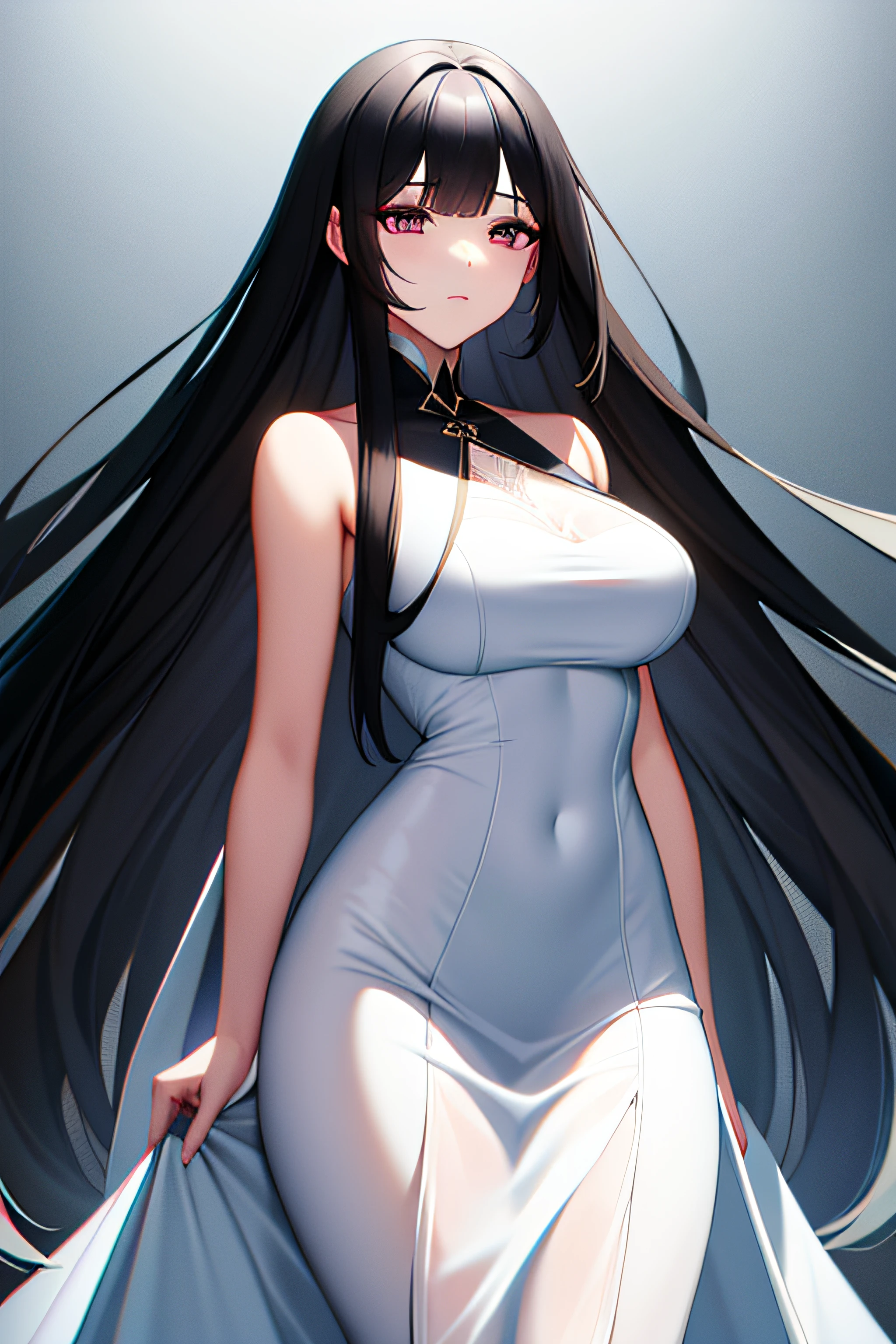 black long straight hair，grown woman，White transparent dress，See the