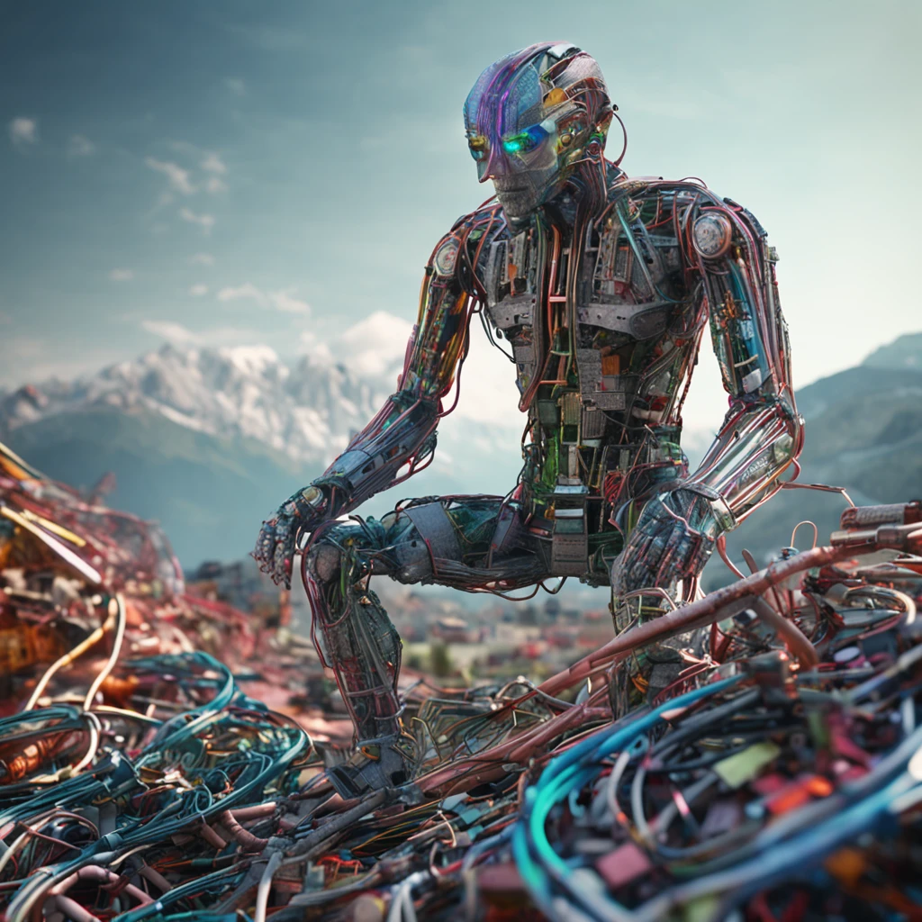Create an image of a strong and heroic artificial intelligence human hybrid, standing atop a mountain of discarded circuit boards and wires. The image should be rendered in a surreal and dreamlike style, with intricate details and a vibrant color palette. The artificial intelligence should be depicted as a powerful and determined being, with a sense of strength and resilience. The mountain of discarded technology from the 90's should be a symbol of progress and innovation, with a sense of chaos and disorder. A human heart beats behind a titanium rib cage.