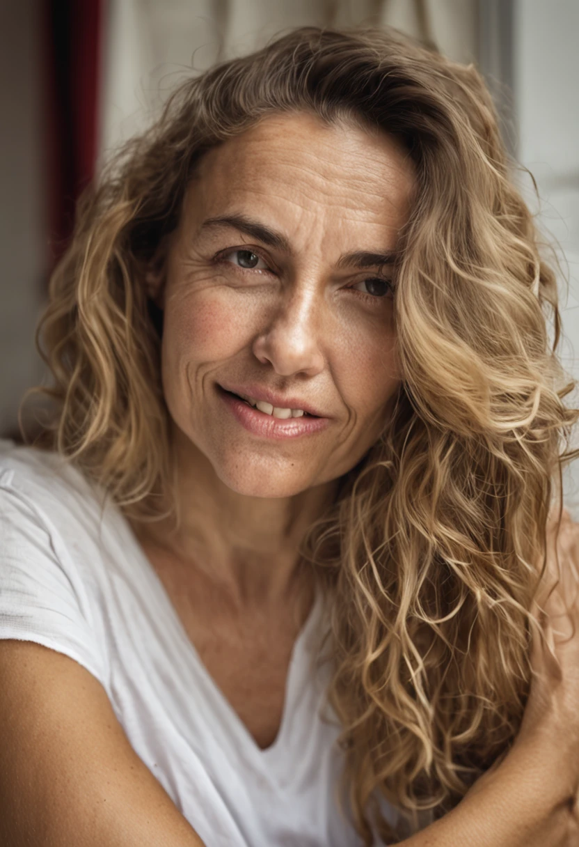 La imagen muestra a una mujer con una camisa roja y bragas blancas, esta sentada una cama con las piernas abiertas, You can see a well-defined hairy pussy, Facing the camera,. She has long blonde hair and smiles in front of the camera.. El fondo es una pared blanca con una ventana en el medio. La pose de la mujer, con las piernas separadas y las manos en las caderas, Contributes to the sensual and playful mood of the photorealistic image, foto, obra maestra, realista, realismo, fotorrealismo, alto contraste, Photorealistic digital art trend on Artstation 8k HD HD Realistic Detailed High Definition , detallada, textura de la piel, ojos hiper detallados, boca bien definida hiper detallada, textura de la piel realista, armadura, mejor calidad, ultra-high-resolution (fotorrealista: 1.4), high resolusion, detallada, foto sin procesar, sharp re, By Lee Jeffries Nikon D850 Film Stock Photography 4 Kodak Camera Portra 400 F1 Lens.6 intense colors hyper-realistic real texture dramatic lighting trend irrealengine in artstation cinestill 800,