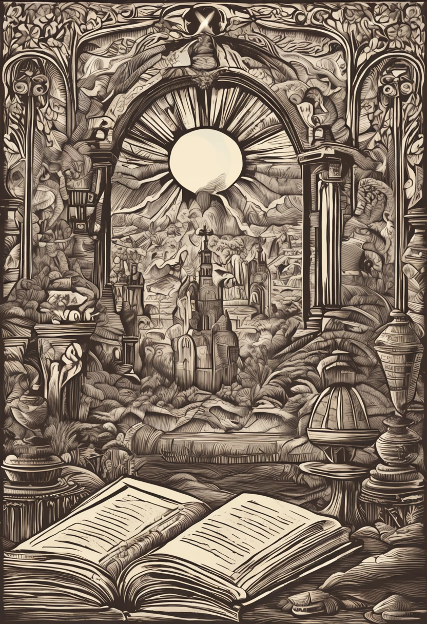 An animation of old books opening up, illustrations various religious practices, meditation and prayer,com uma expressao bem pensativa.