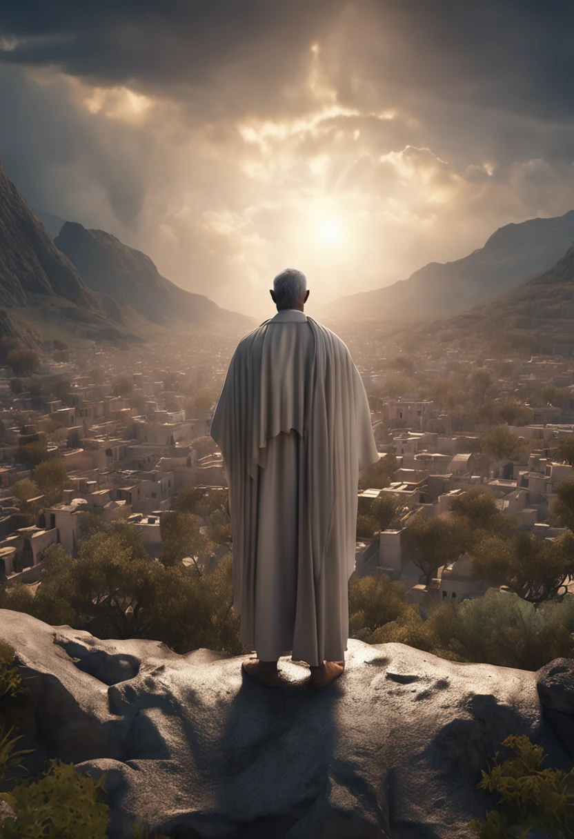 (Professional 3D Rendering:1.3) by (Realistic:1.3) World's Most Beautiful Art Picture of Standing body, full body and from the back, Jesus on the Mount of Olives, with a flowing white robe, is in the center, surrounded by an aura of divine light. His serene face radiates wisdom and love as he speaks to the surrounding crowd, fantastic location, majestic cluttered environment)), full body 8k unit render, action shot, skin pores, very dark lighting, heavy shading, detailed, Detailed face, (vibrant, photorealistic, realistic, dramatic, Dark, sharp focus, 8k), (Old leather clothes damaged by weather:1.4), (((Use fur)))), (intricate:1.4 ), decayed, (high detailed:1.4), digital paint, octane rendering, Art Seasons, Concept-Art, smooth, sharp focus, illustration, germ of art, (Loish:0.23), Wlop Ilya Kuvshinov, and Greg Rutkowski and Alphonse Mucha Gracias, (Global Illumination, Studio Light, Volumetric Light), Heavy Rain, Floating Particles, Rascal, Fantasy, Eleven, Full Body, Esbian, ((Dark Old City Background:1.3)),CGSesociedade,Art Stations